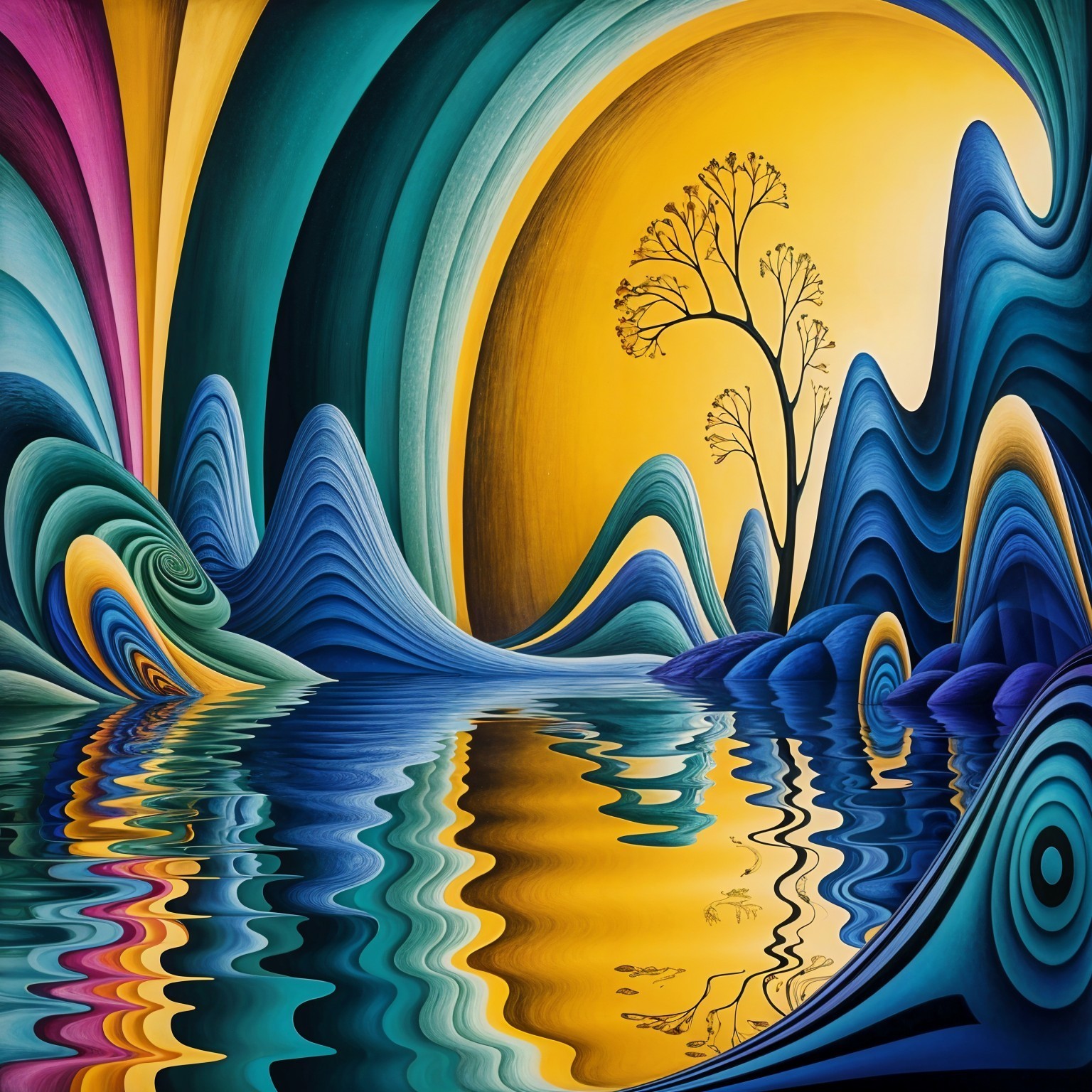 Vibrant Abstract Landscape with Reflective Water