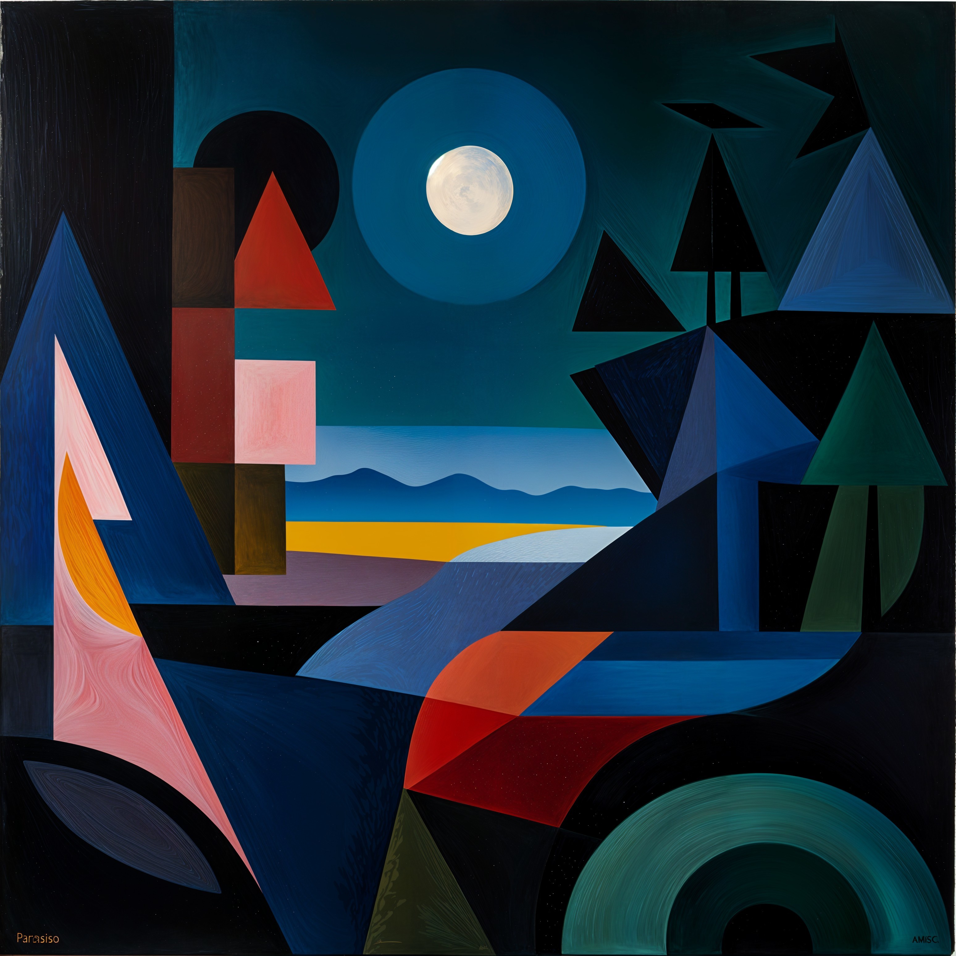 Abstract Landscape with Moonlight and Geometric Shapes