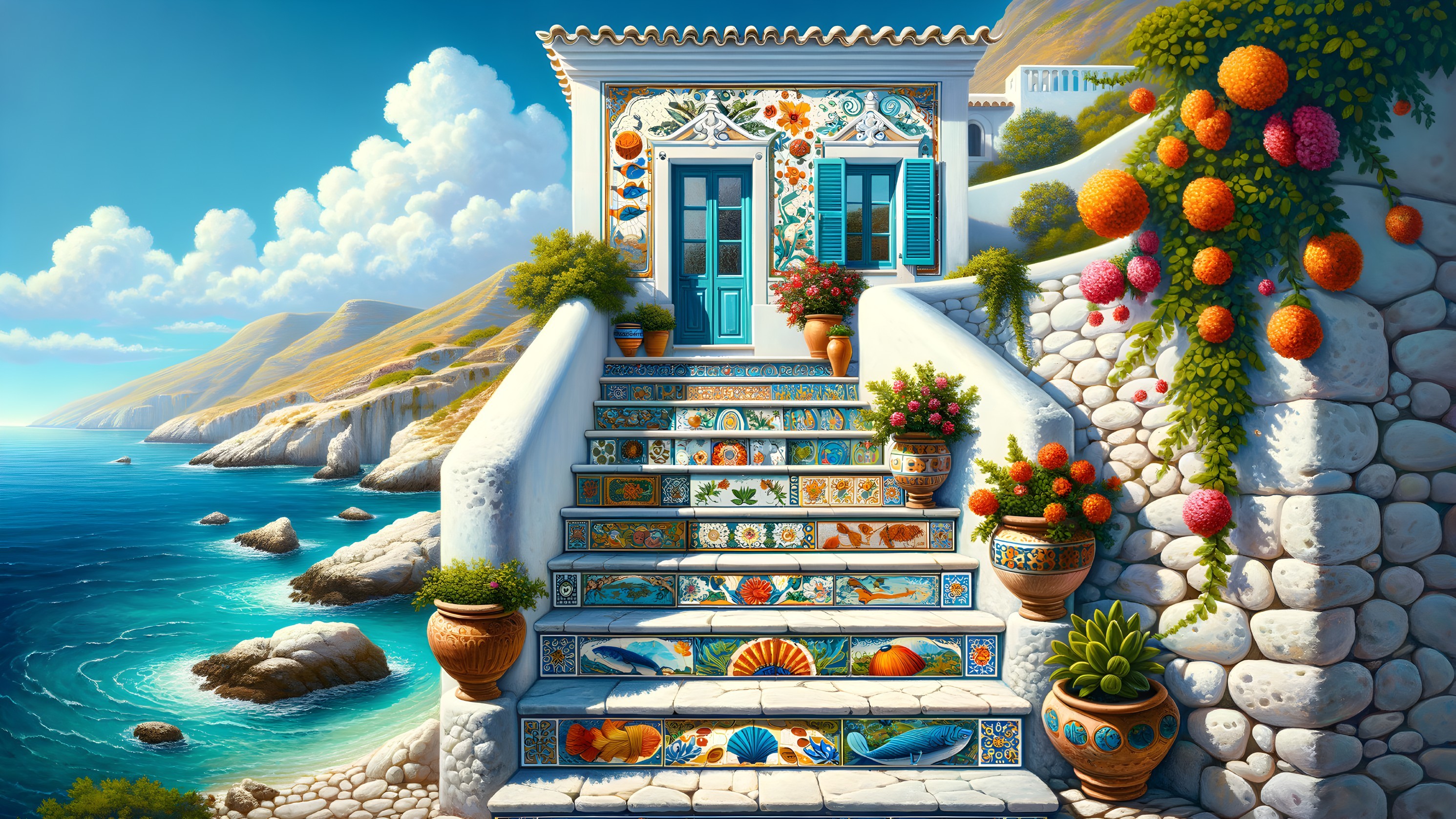 Coastal Scene with White House and Vibrant Shutters