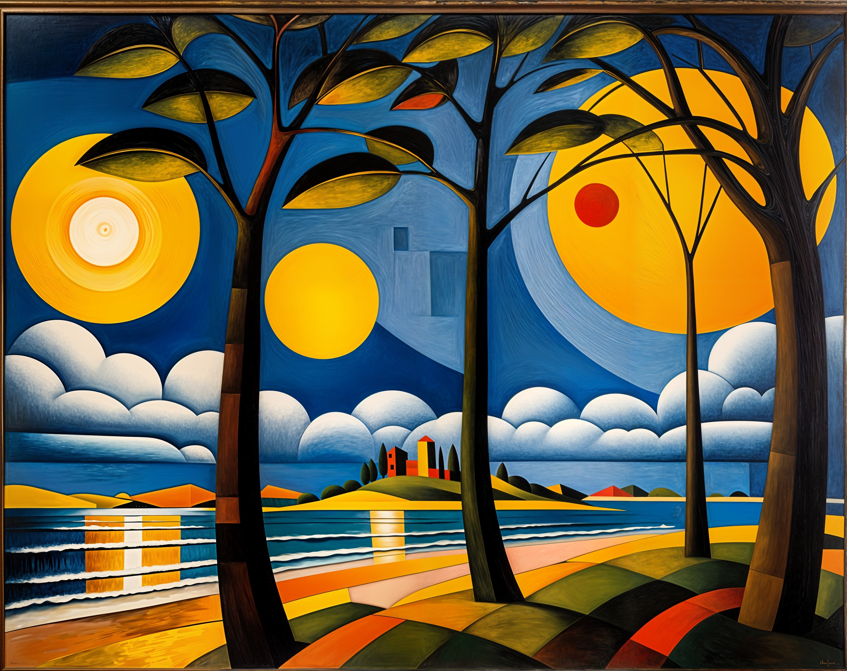Vibrant Landscape with Two Yellow Suns and Abstract Forms
