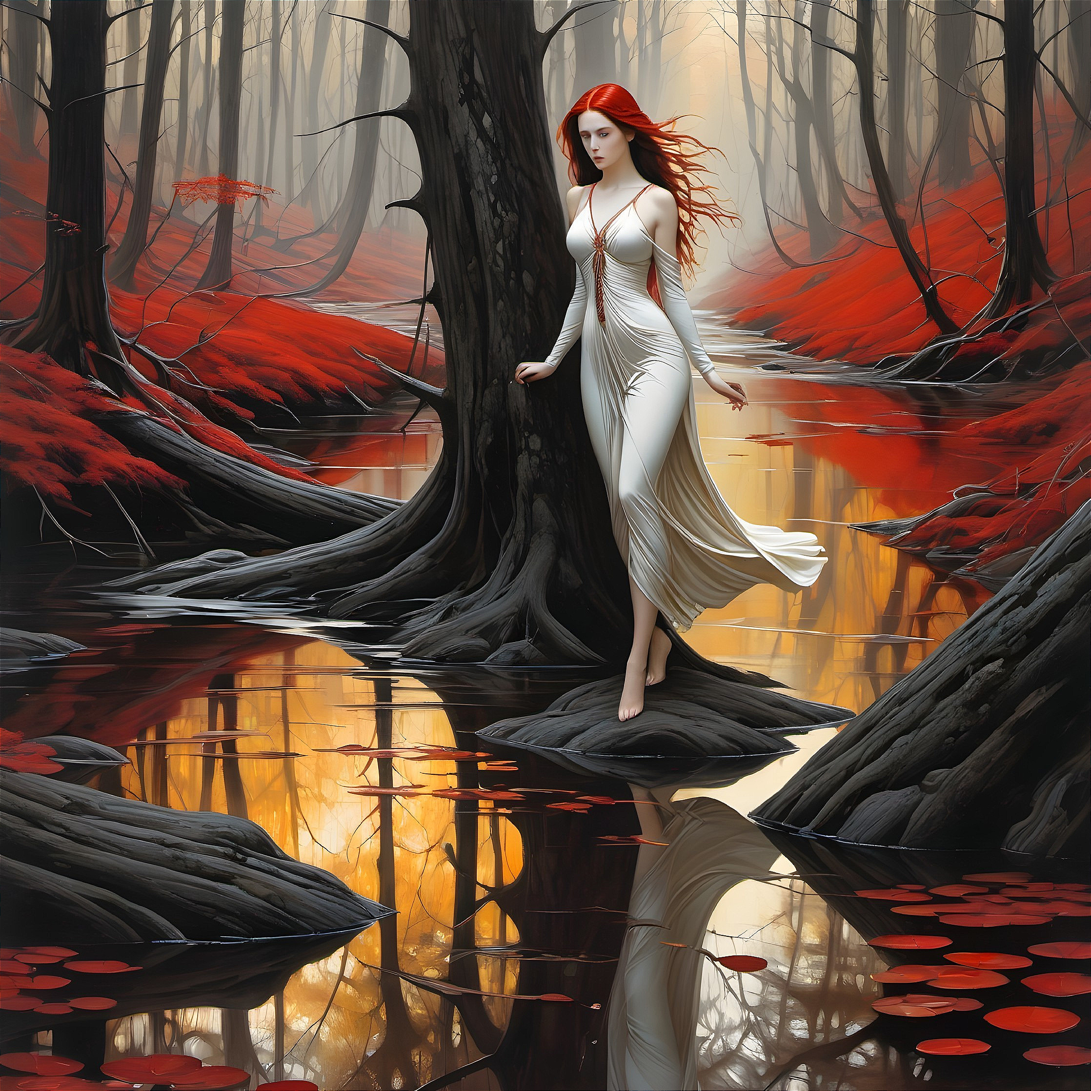 Ethereal Woman in Mystical Forest Setting