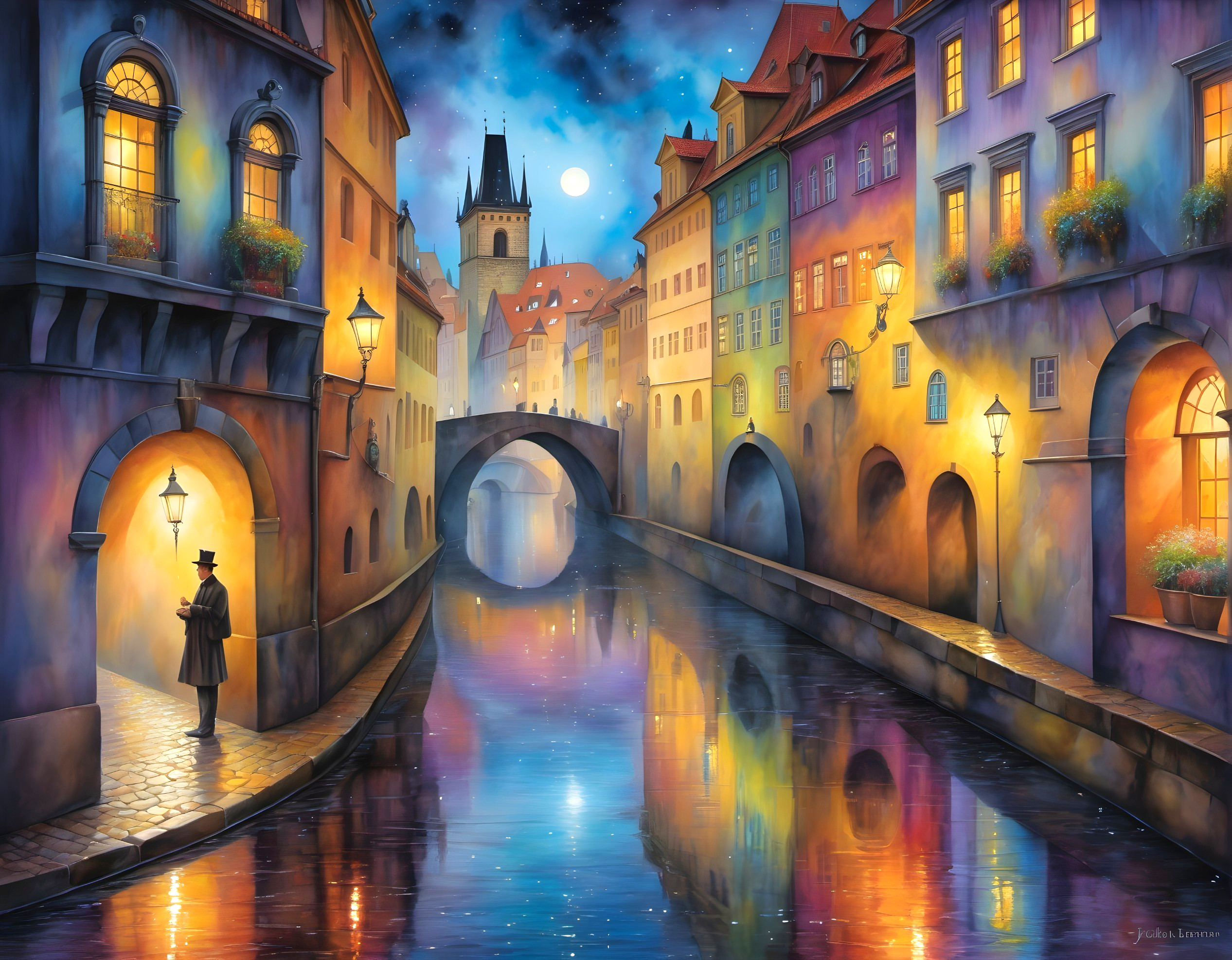 Serene Night Scene by a Colorful Canal with Bridge