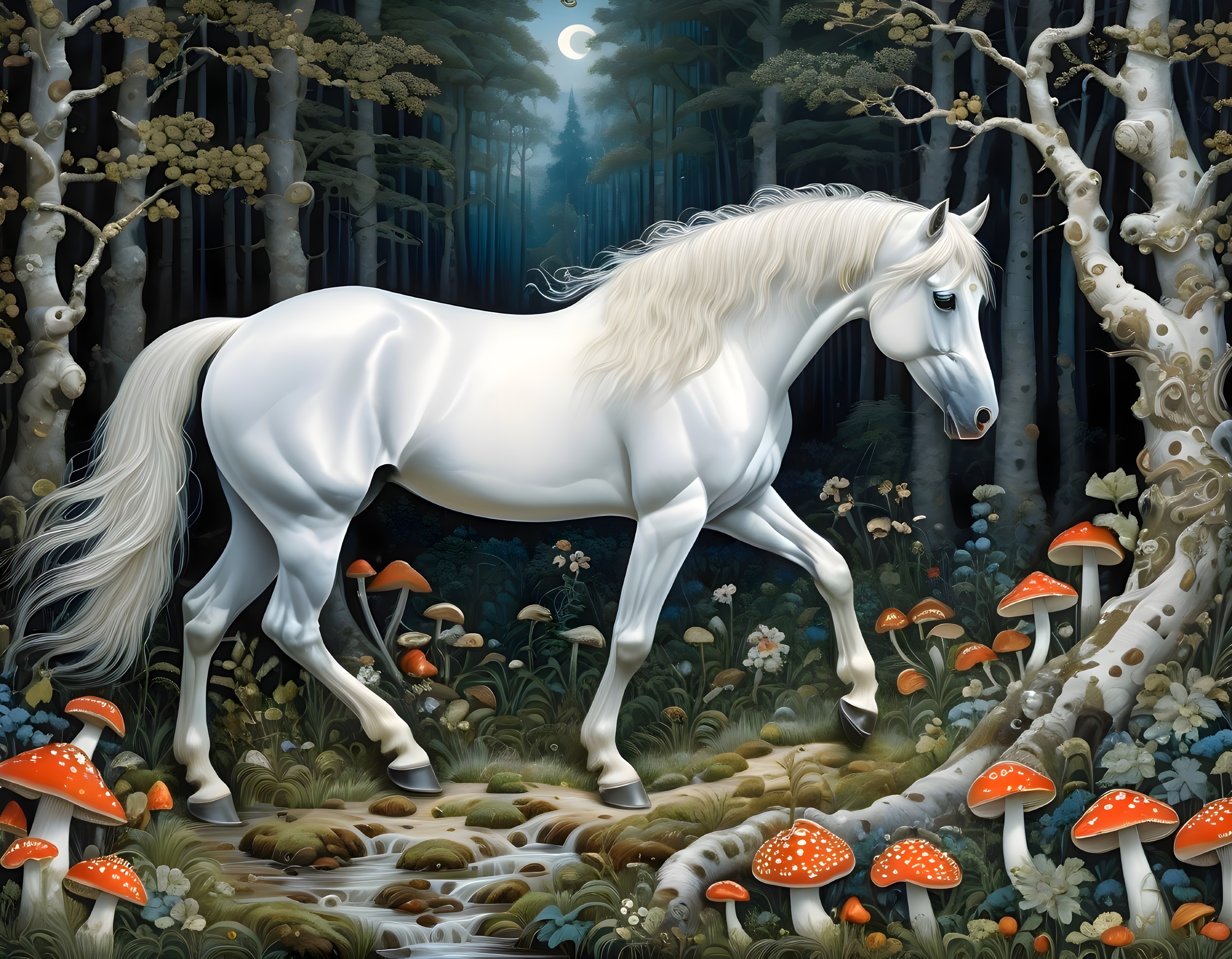 White horse in moonlit forest with mushrooms and stream