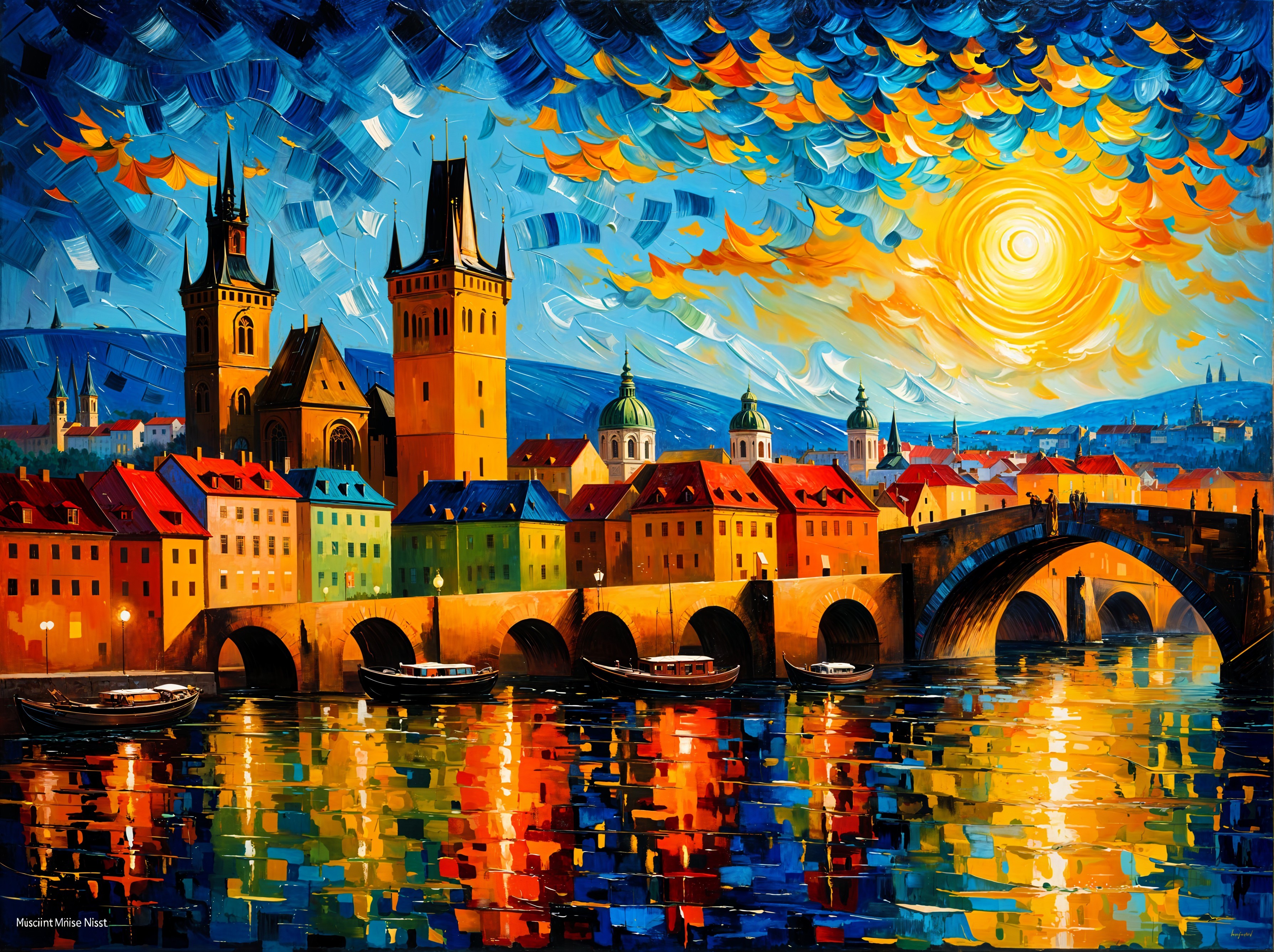 Impressionistic Cityscape at Dusk with Reflections