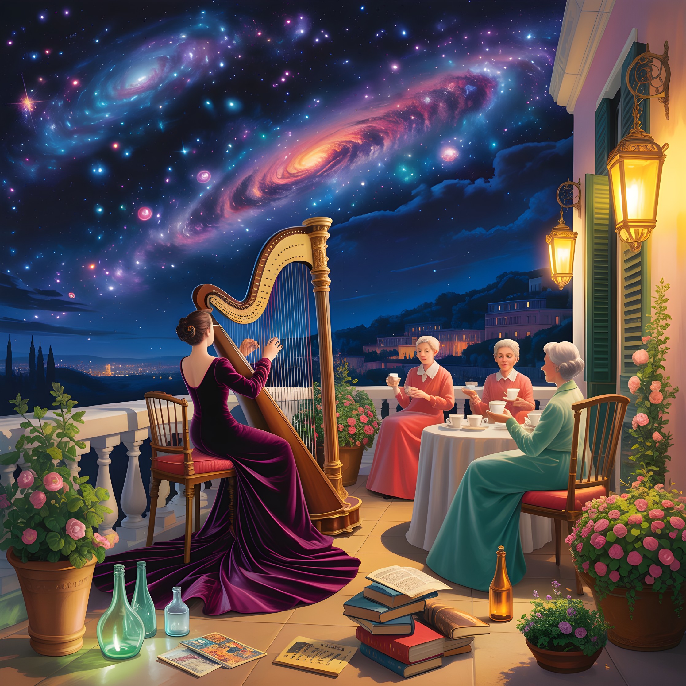 Elegant Balcony Evening with Cosmic Backdrop and Harp