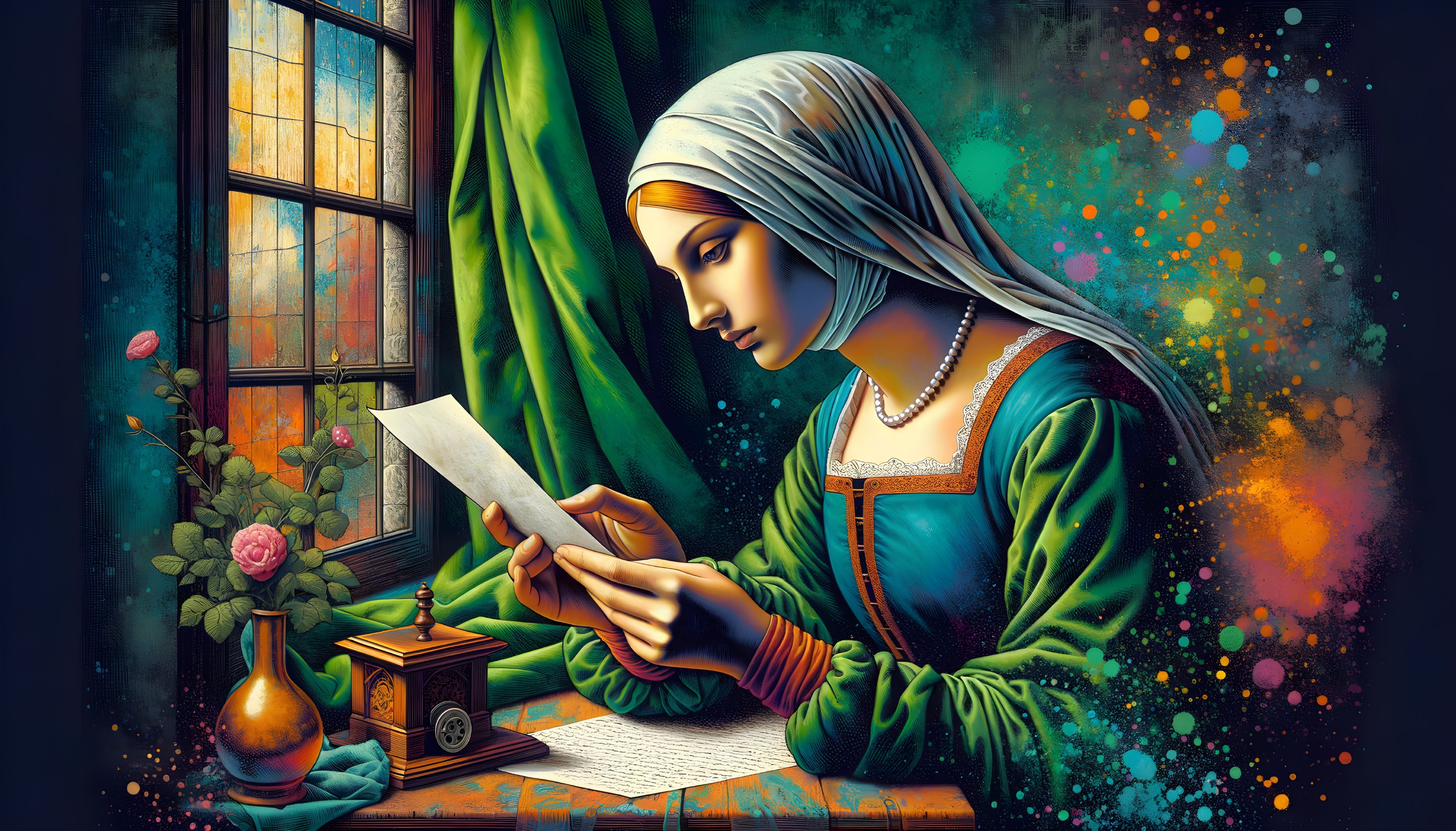 Renaissance Woman Reading by Window with Still-Life Setup