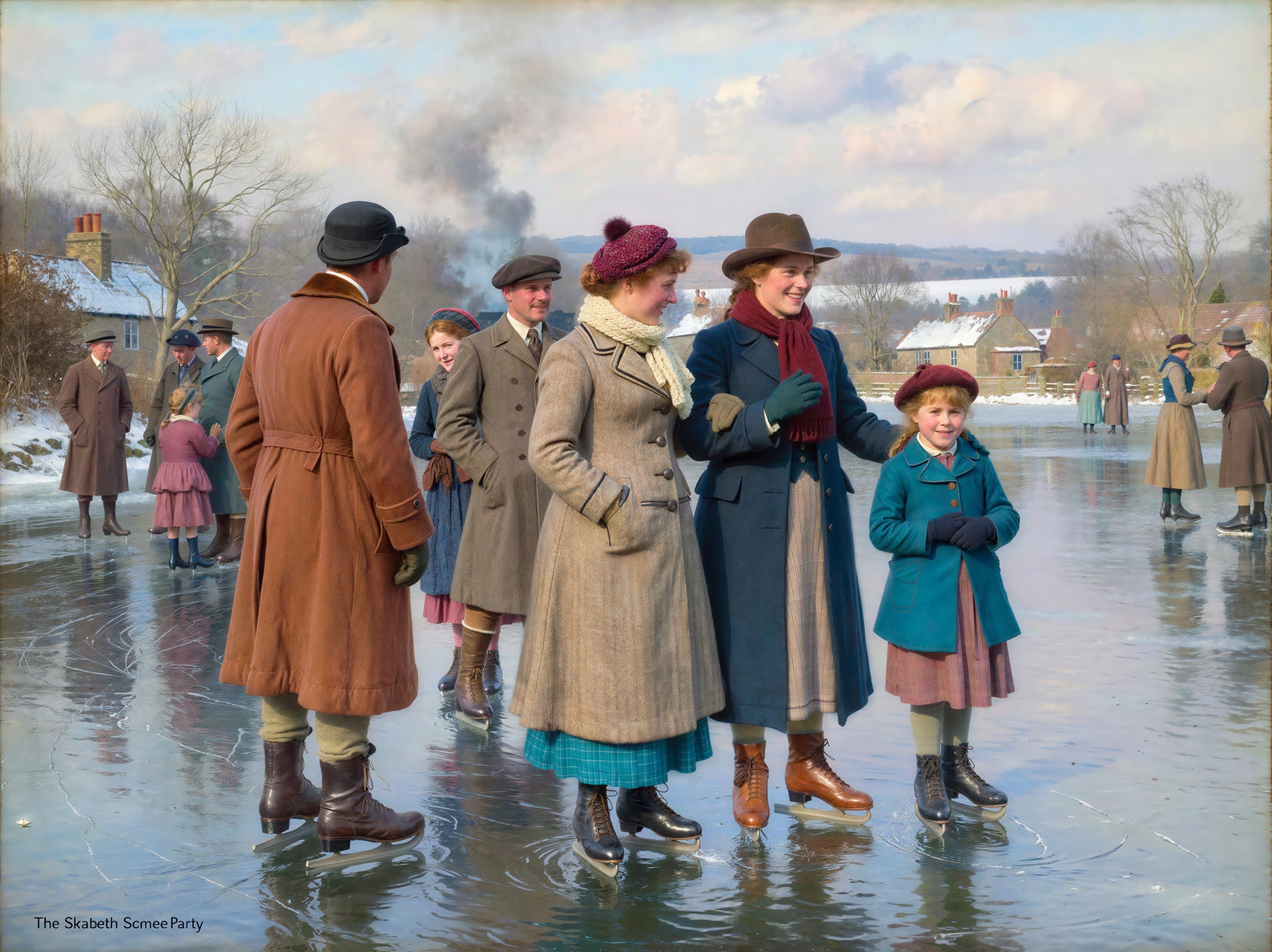 Winter Scene of Ice Skating on a Frozen Pond