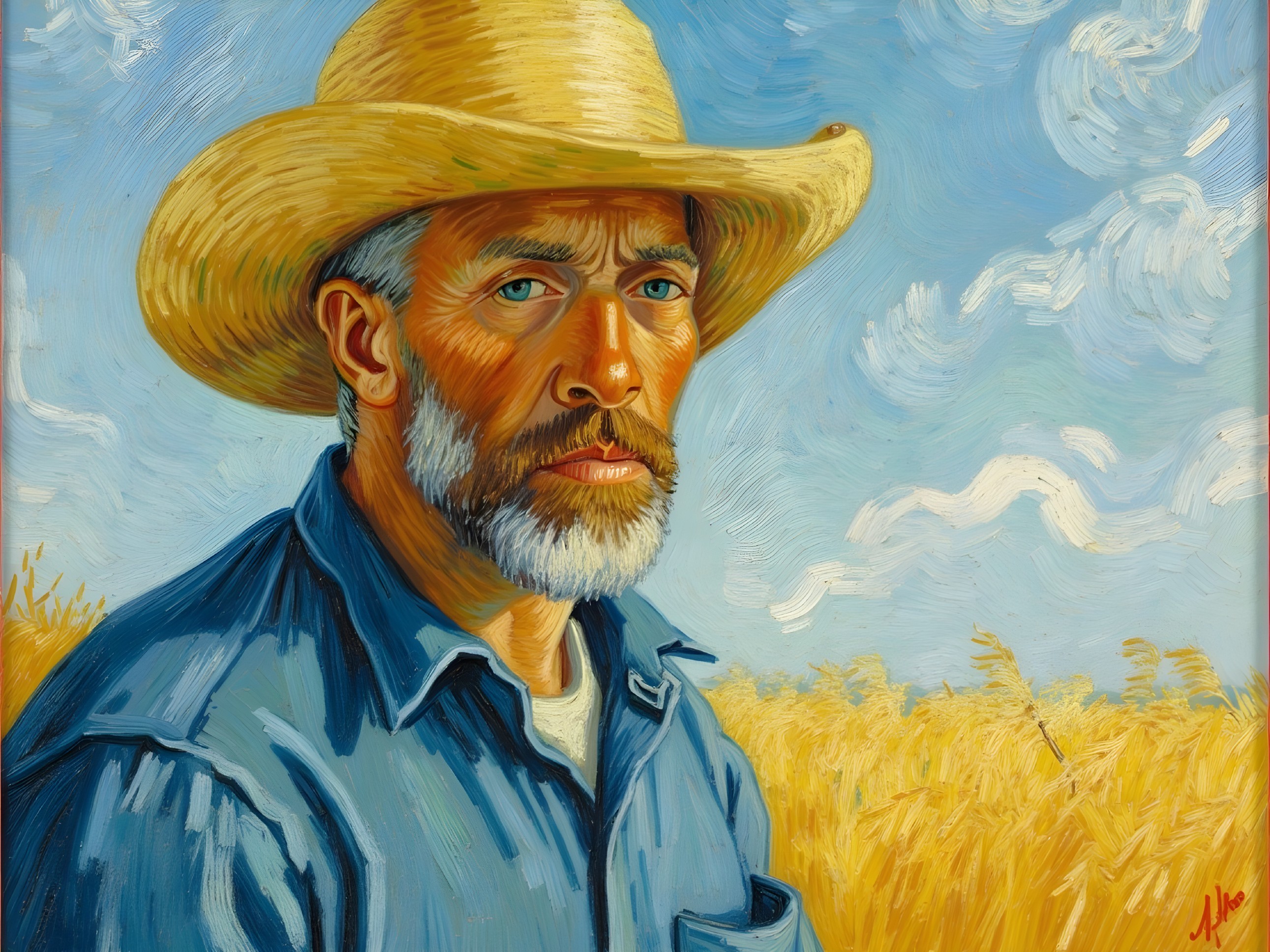 Rugged man in straw hat gazes over wheat fields