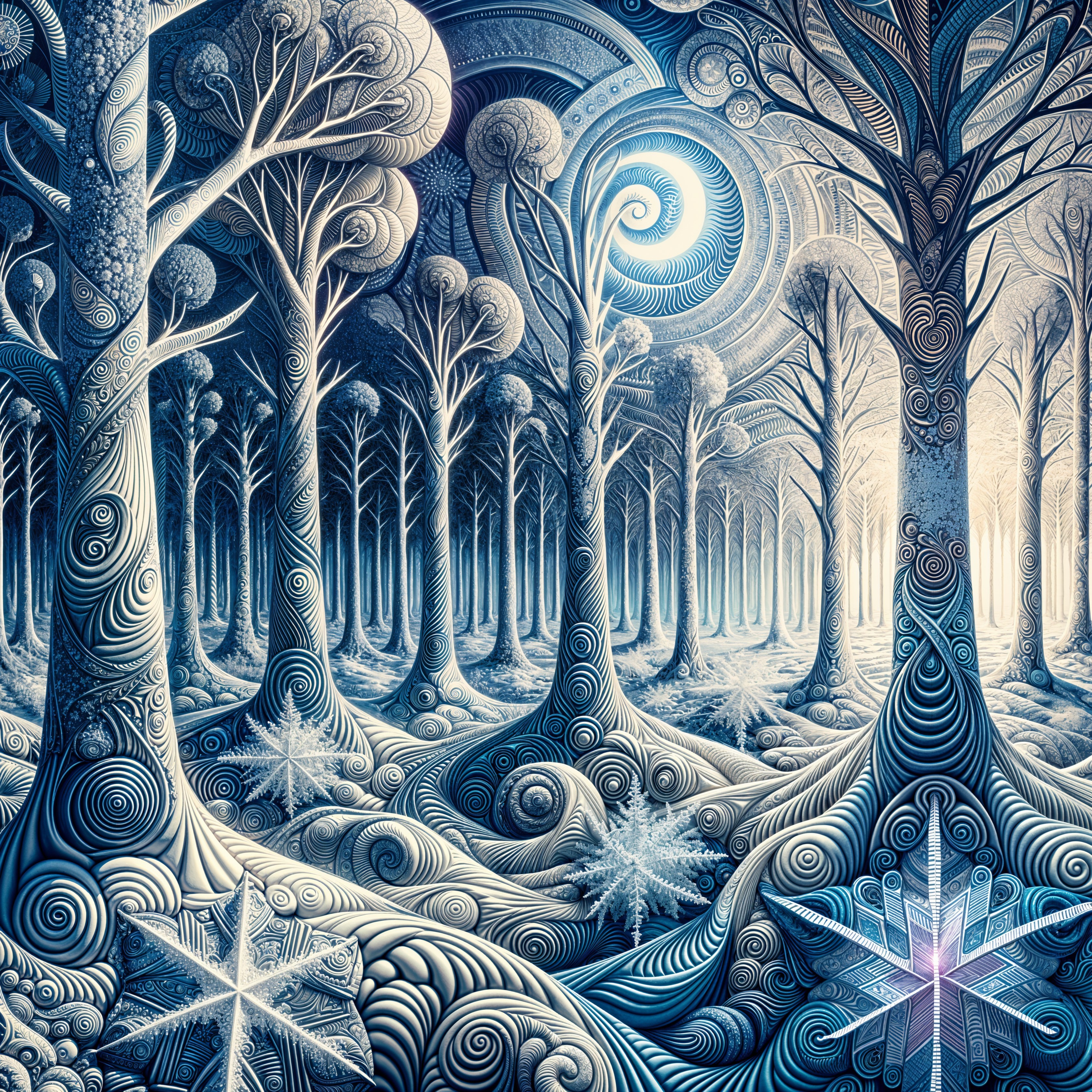 Serene Winter Forest with Spirally Trees and Snowflakes