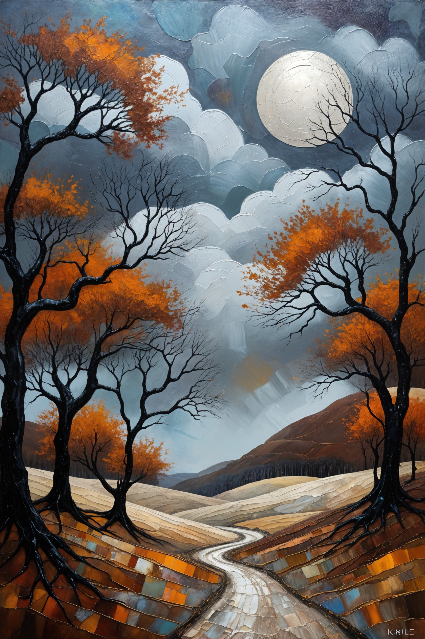 Serene Autumn Landscape with Twisted Trees and Moon