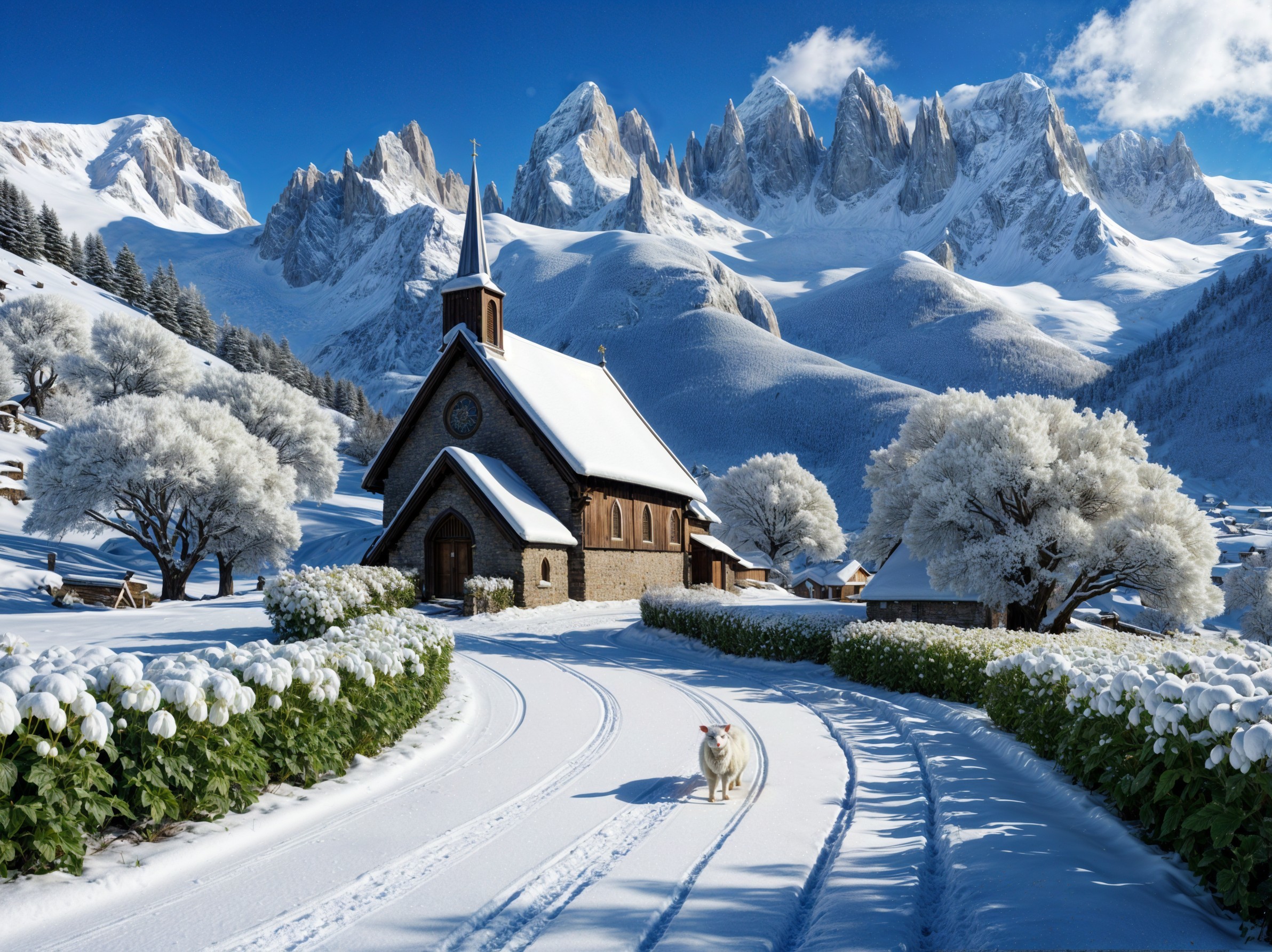 Winter Landscape with Church and Snowy Mountains