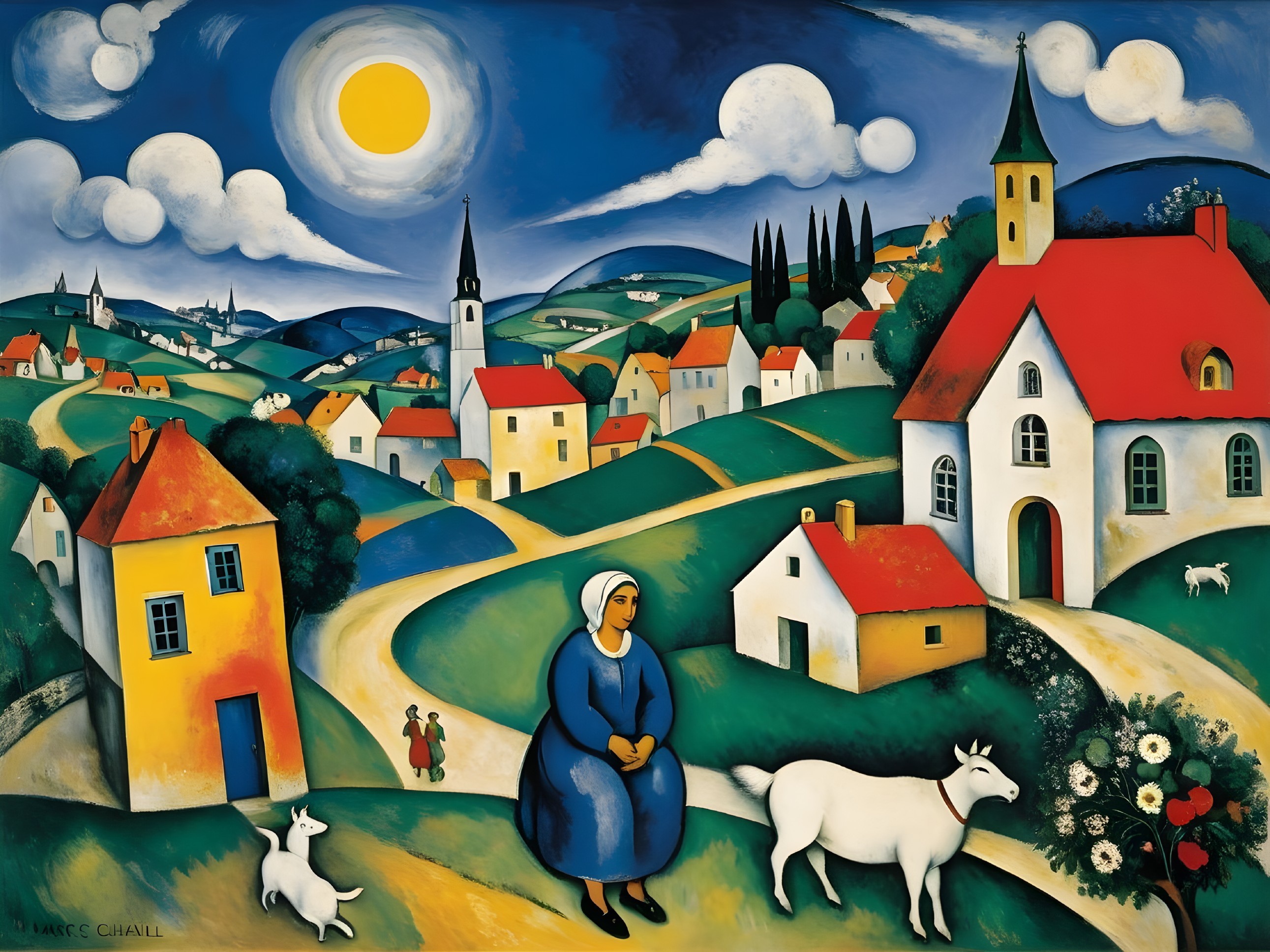 Vibrant Countryside Scene with Traditional Dress and Goat