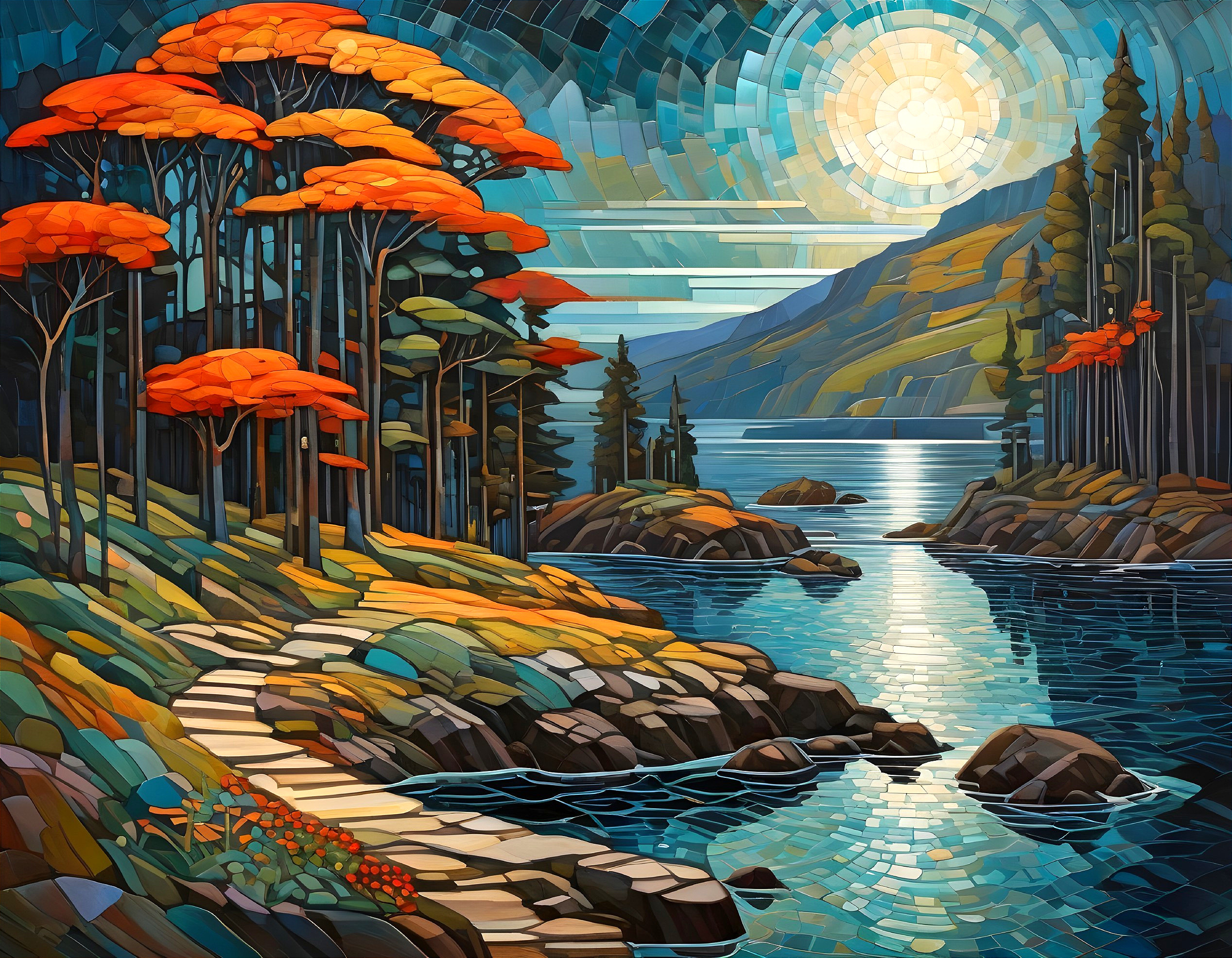 Vibrant landscape with reflective lake and orange trees