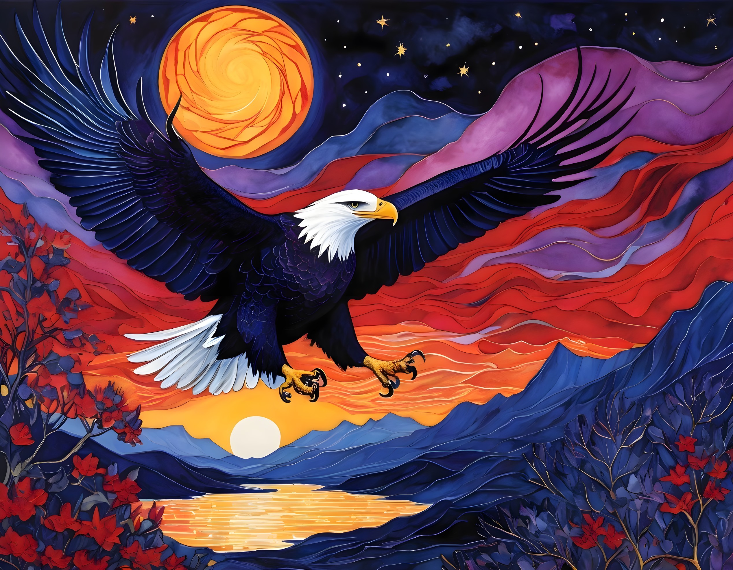 Eagle Gliding Over Vibrant Sunset Landscape