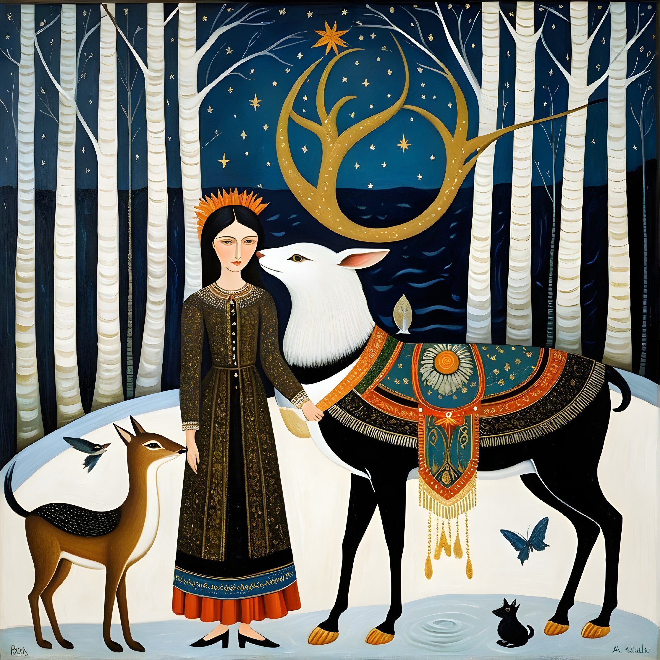 Winter Scene with Woman, Deer, and Starry Sky