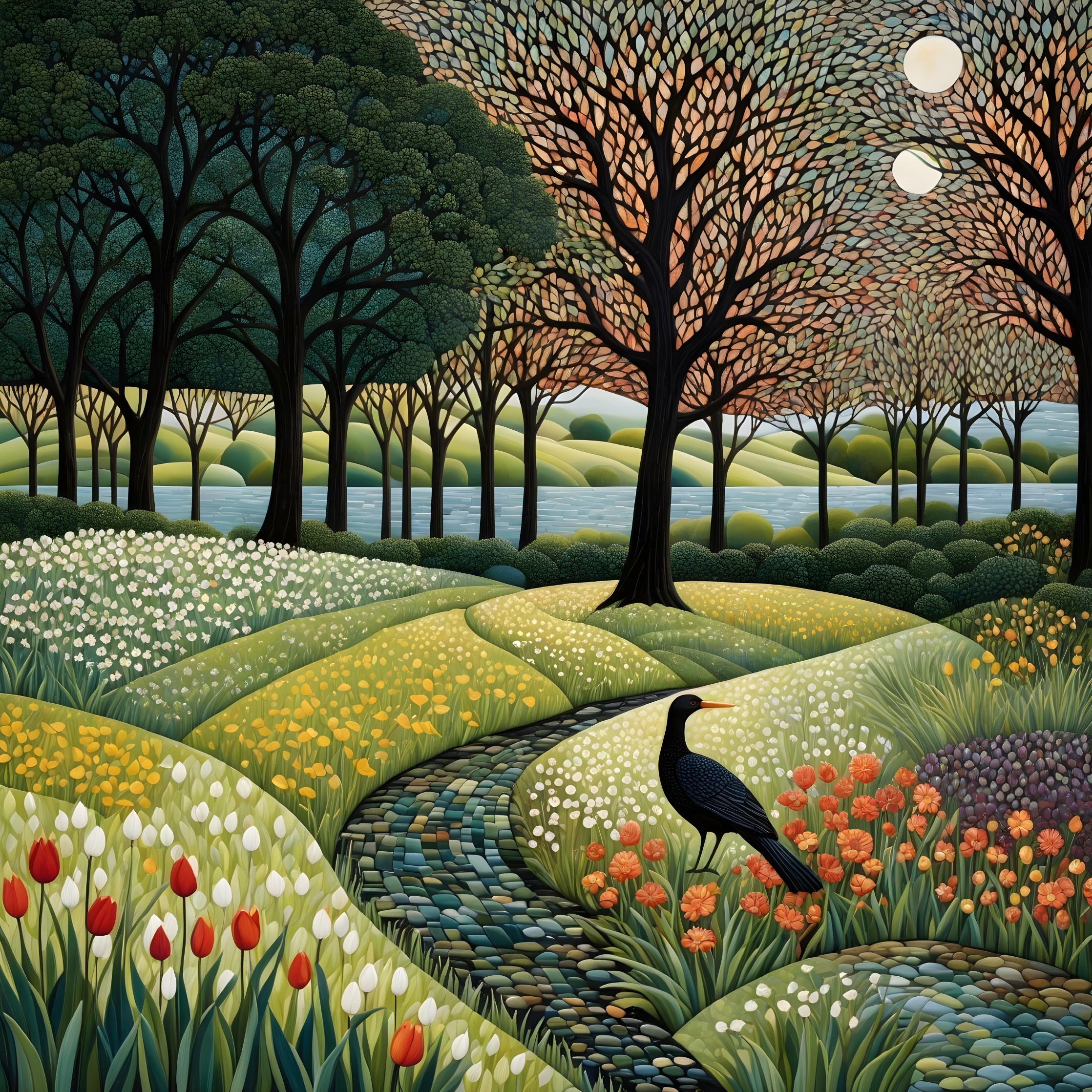Serene landscape with greenery, flowers, and creek