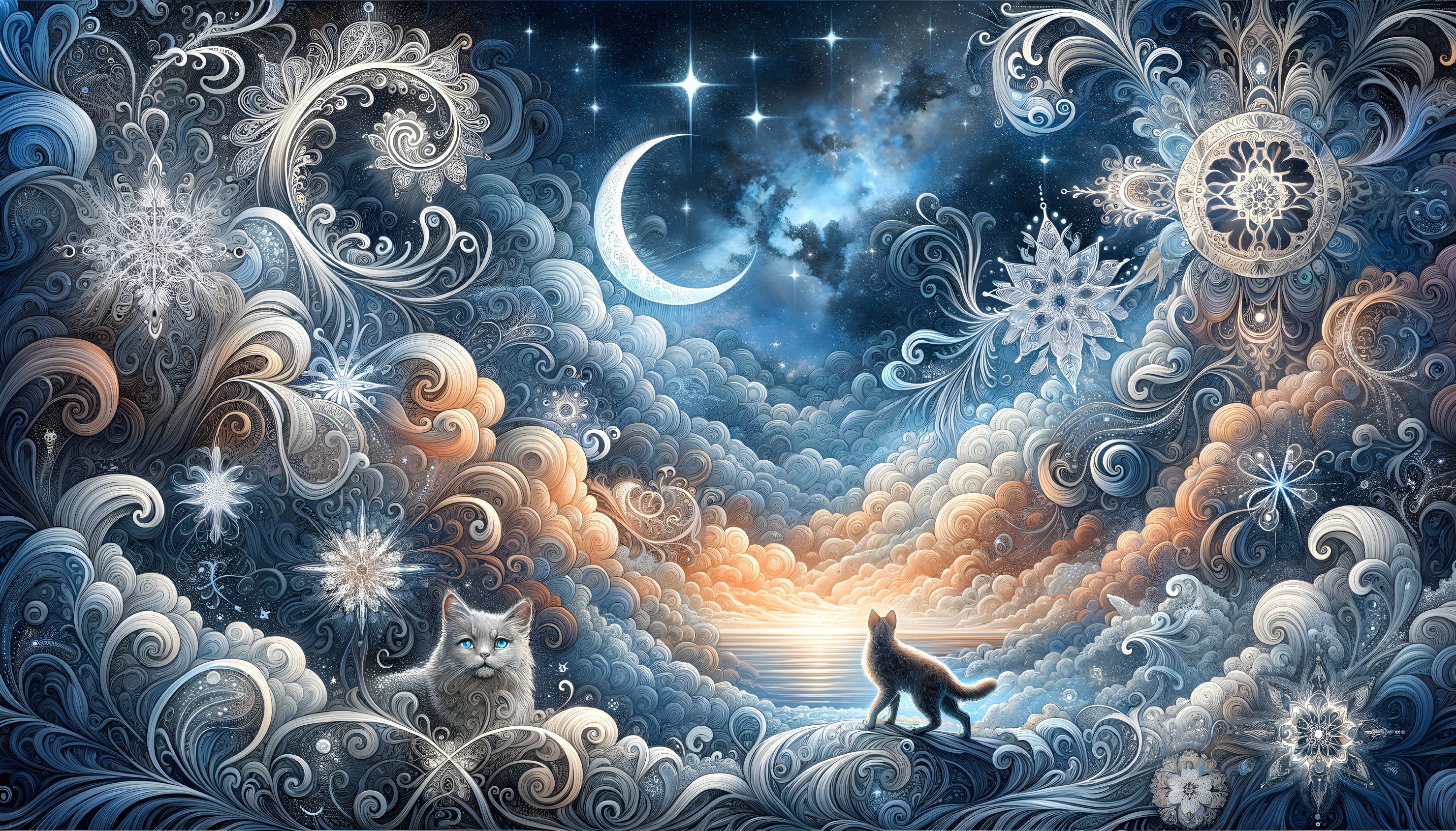 Whimsical Winter Scene with Cats and Snowflakes