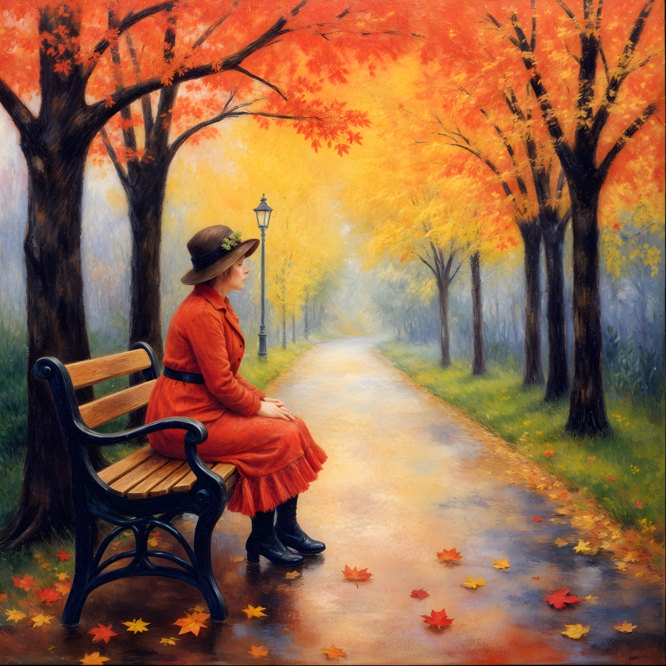 Vintage Red Dress in Autumn Park Scene with Streetlamp