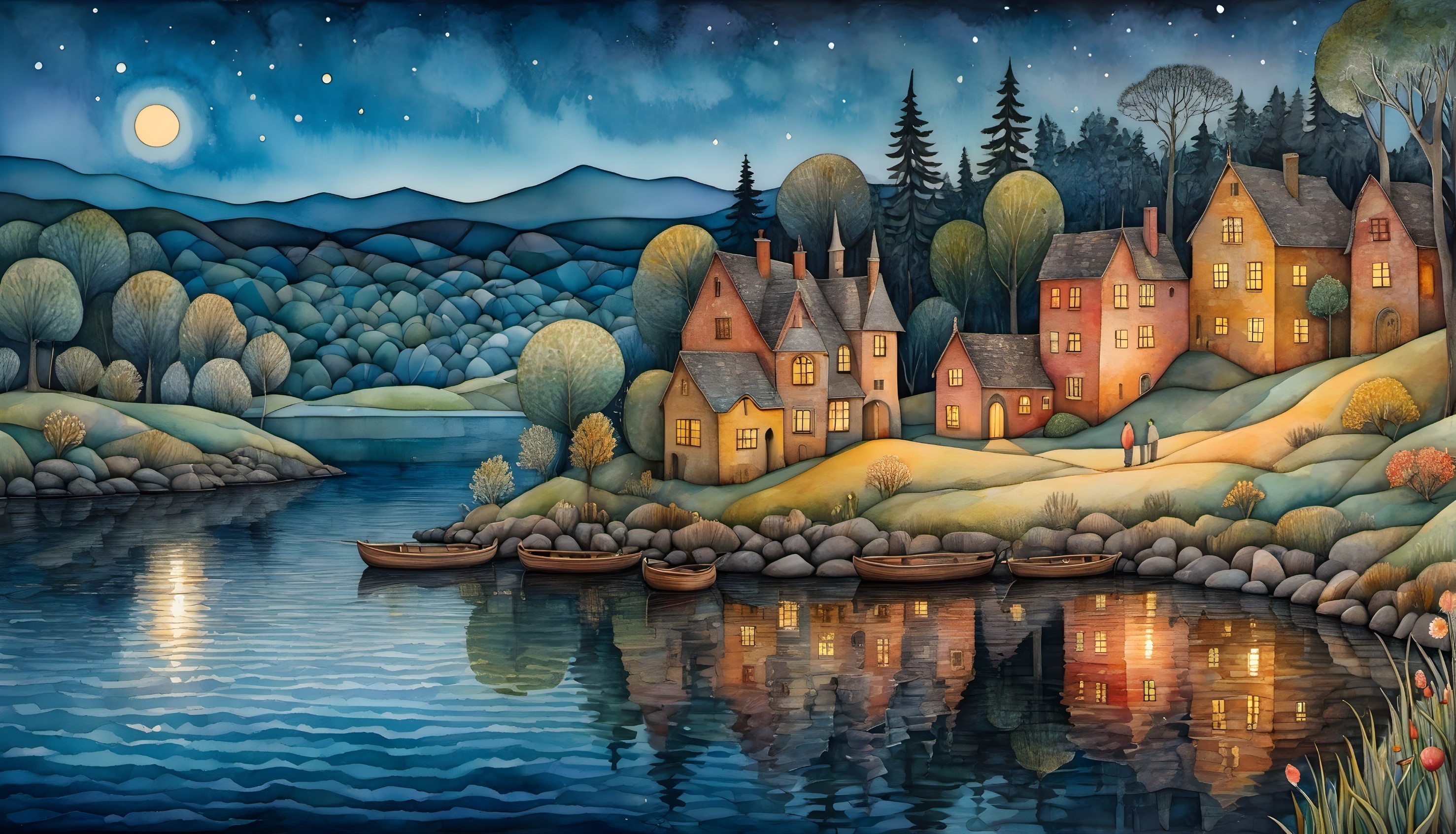 Tranquil Village at Night with Starry Sky and River