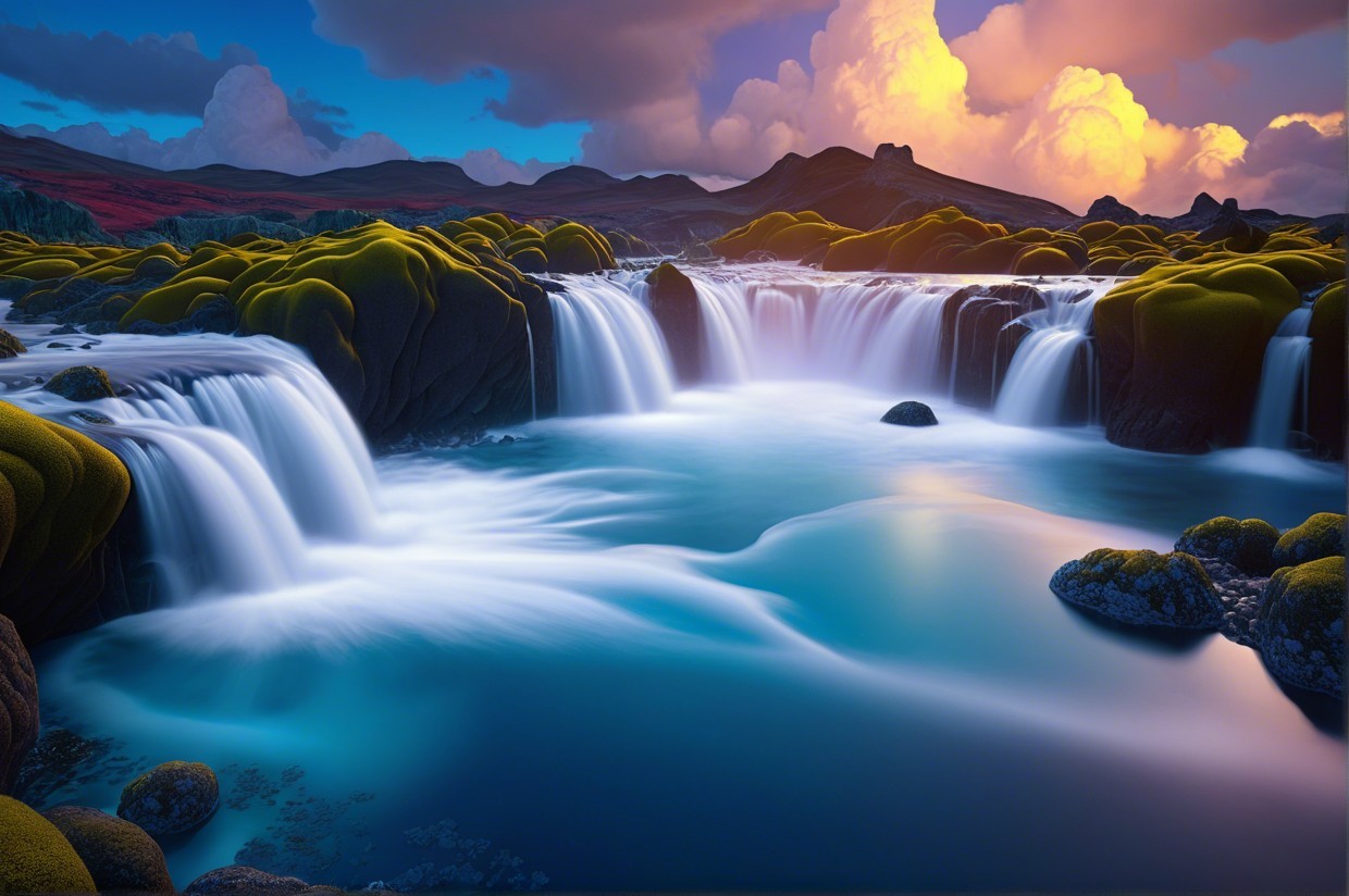 Cascading Waterfalls in a Twilight Landscape