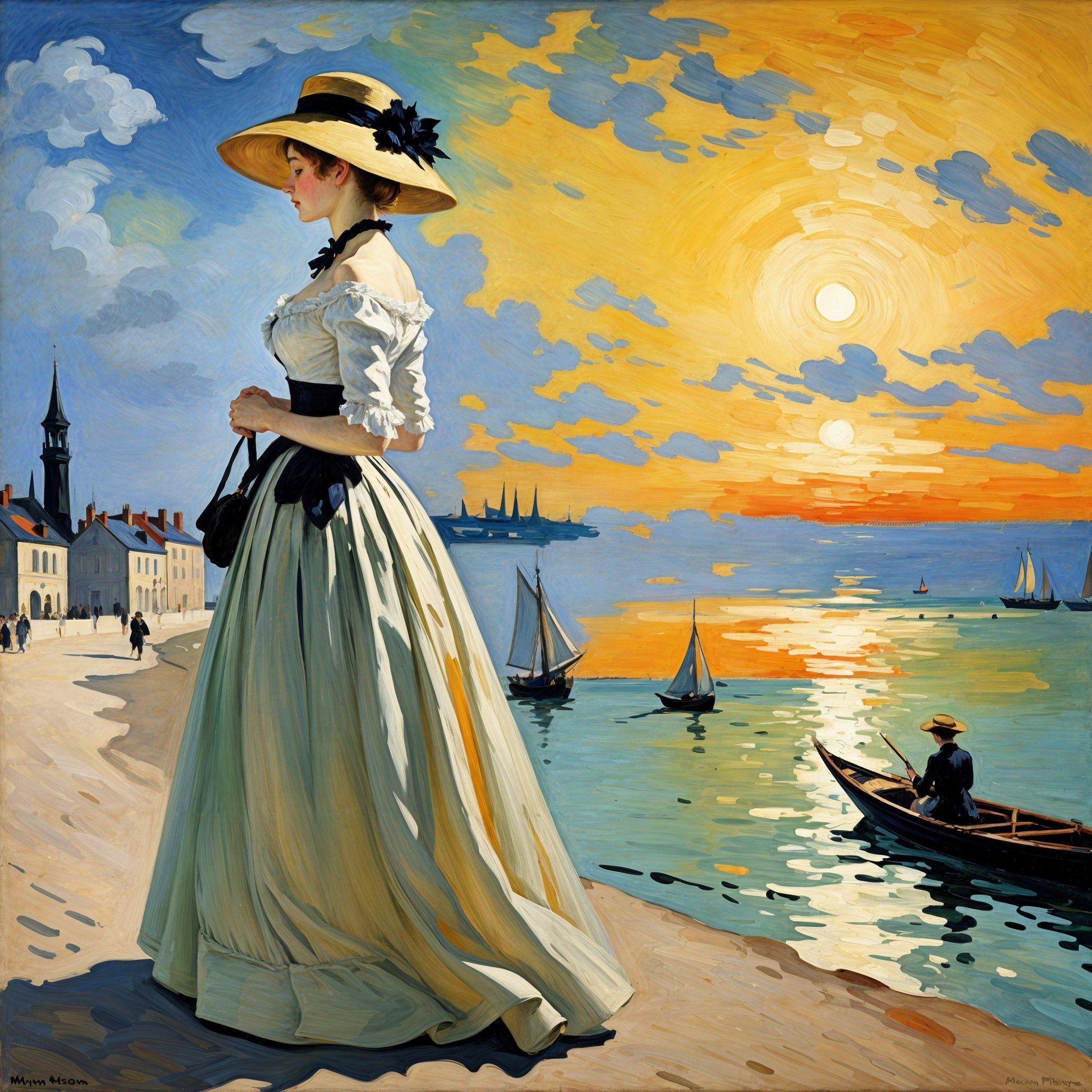 Victorian Dress by the Shore at Sunset