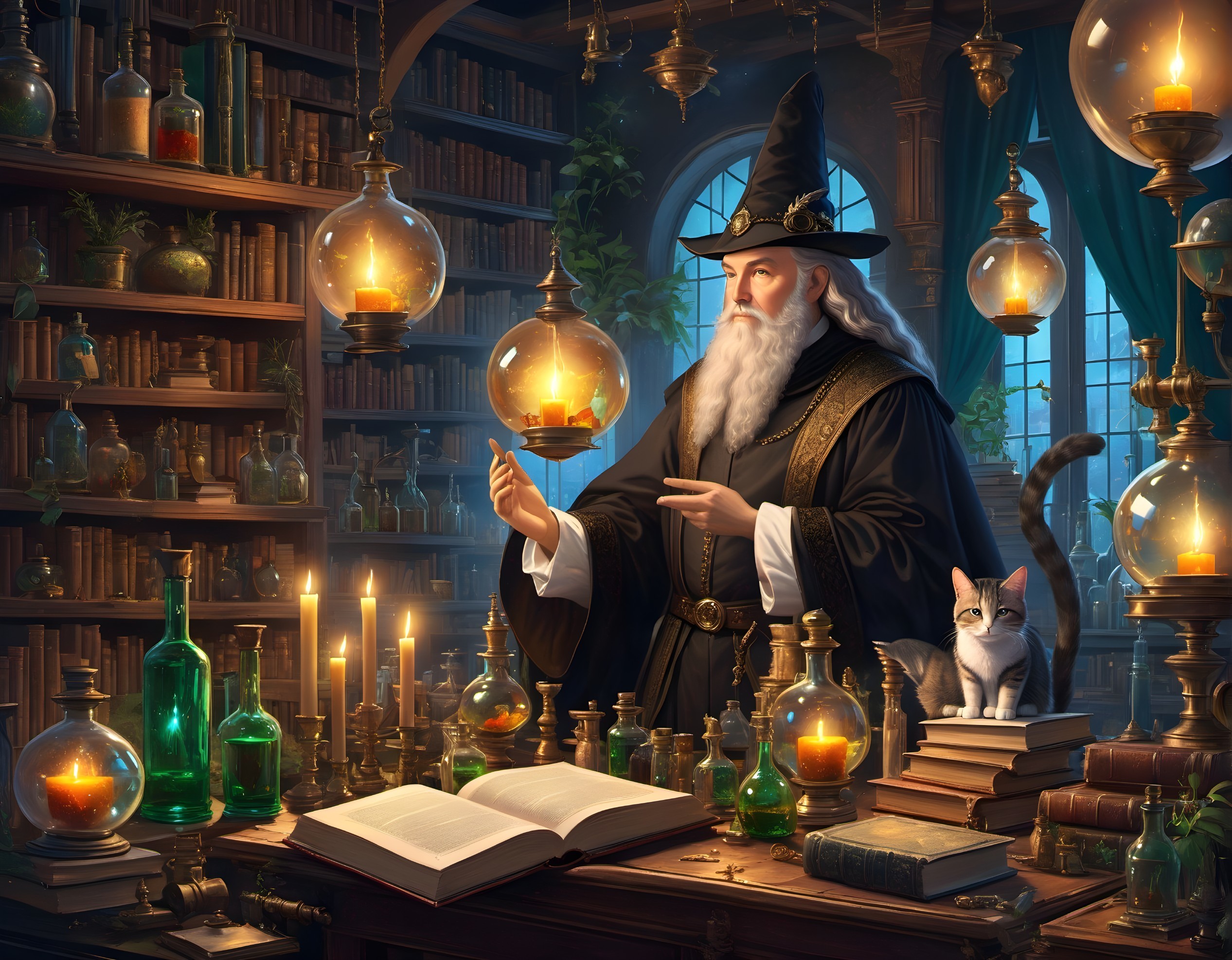 Wizard with long beard in magical library with floating lights, candles, books, potions, and white cat