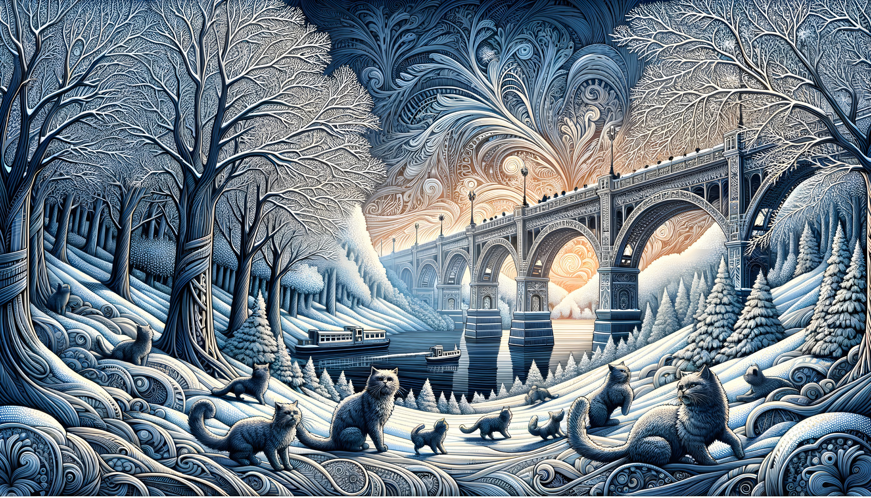 Monochromatic winter artwork with ornate bridge, foxes, and riverboat