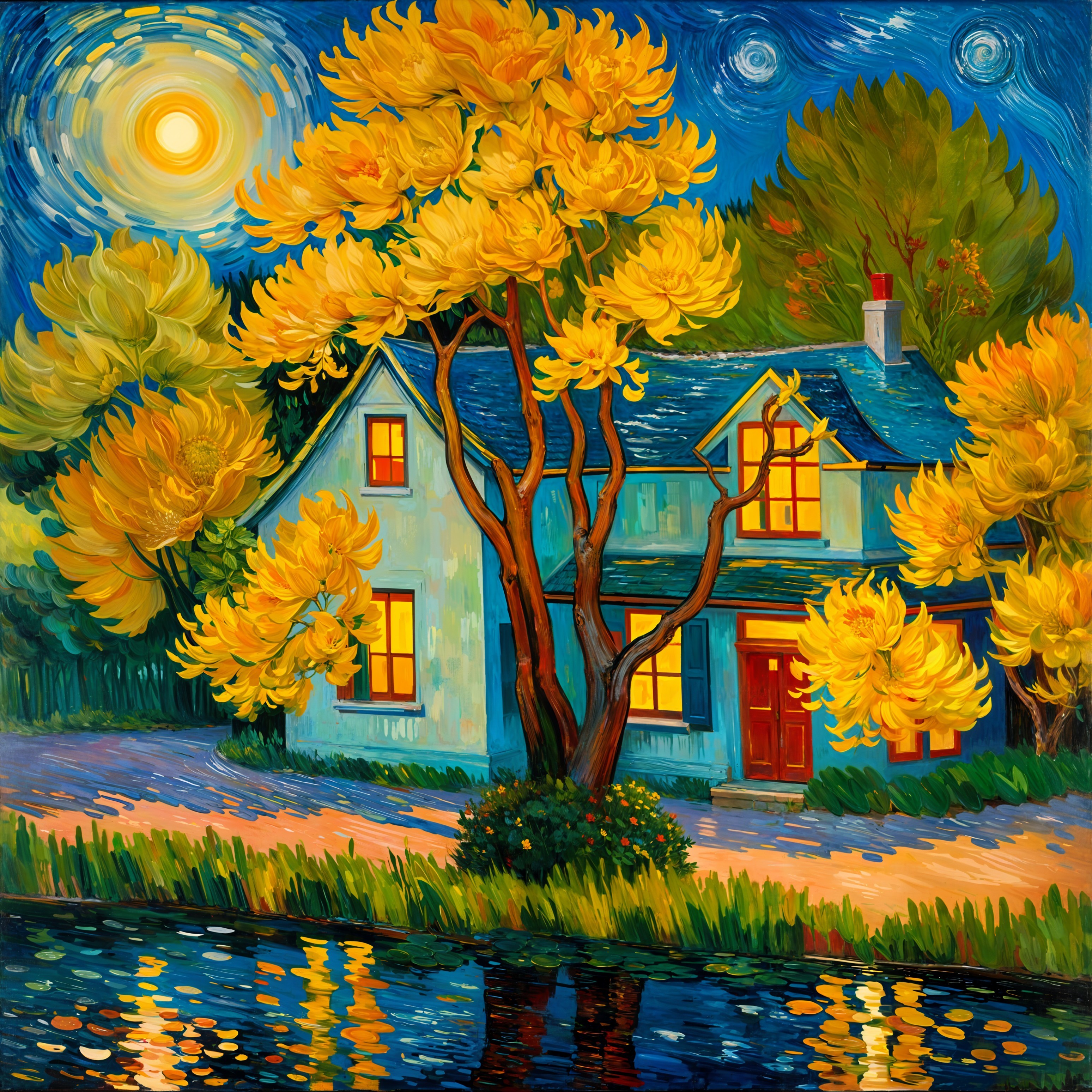 Impressionistic Autumn Scene with Blue House and Pond