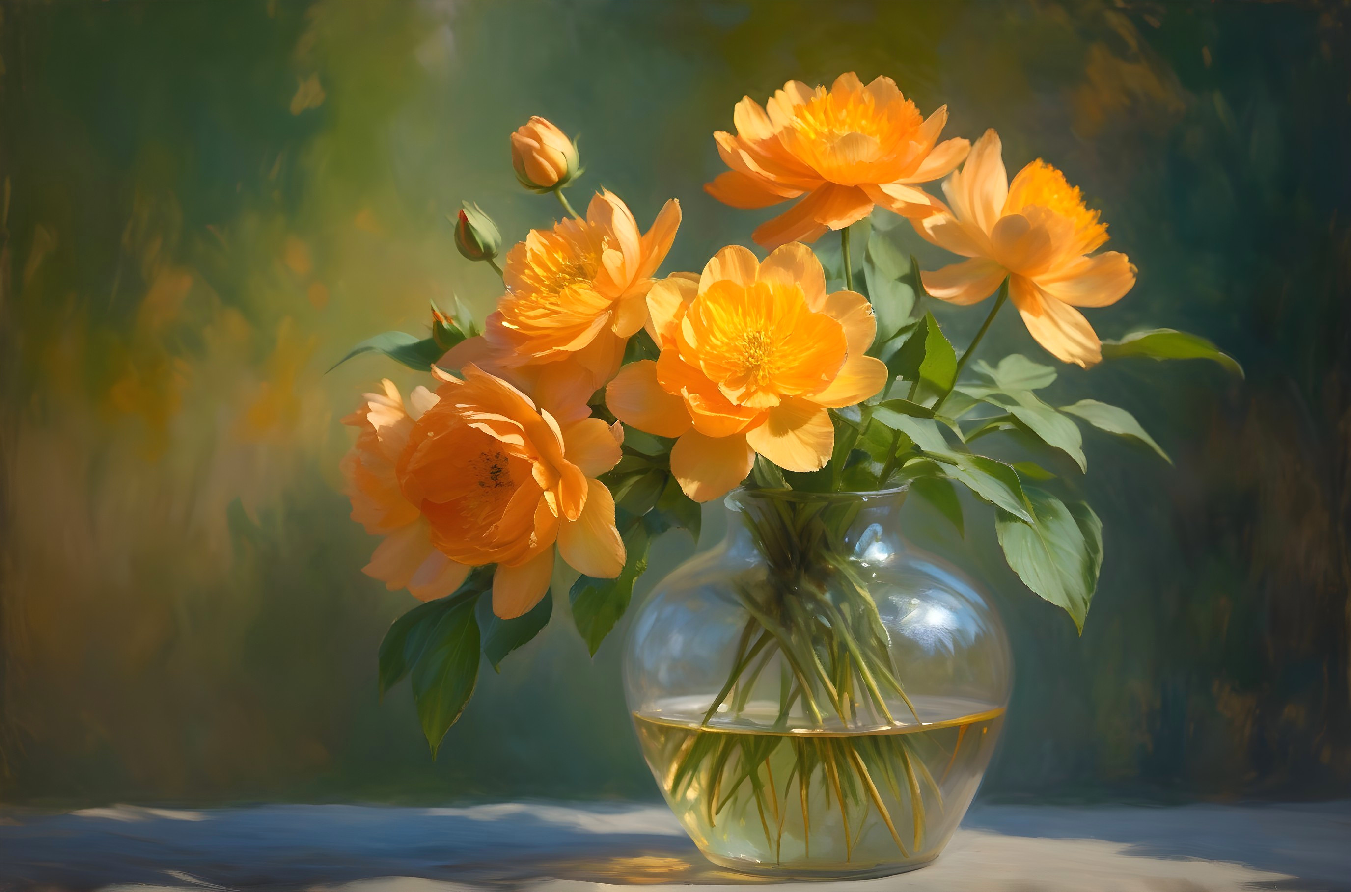 Vibrant Golden-Orange Flowers in Glass Vase Arrangement