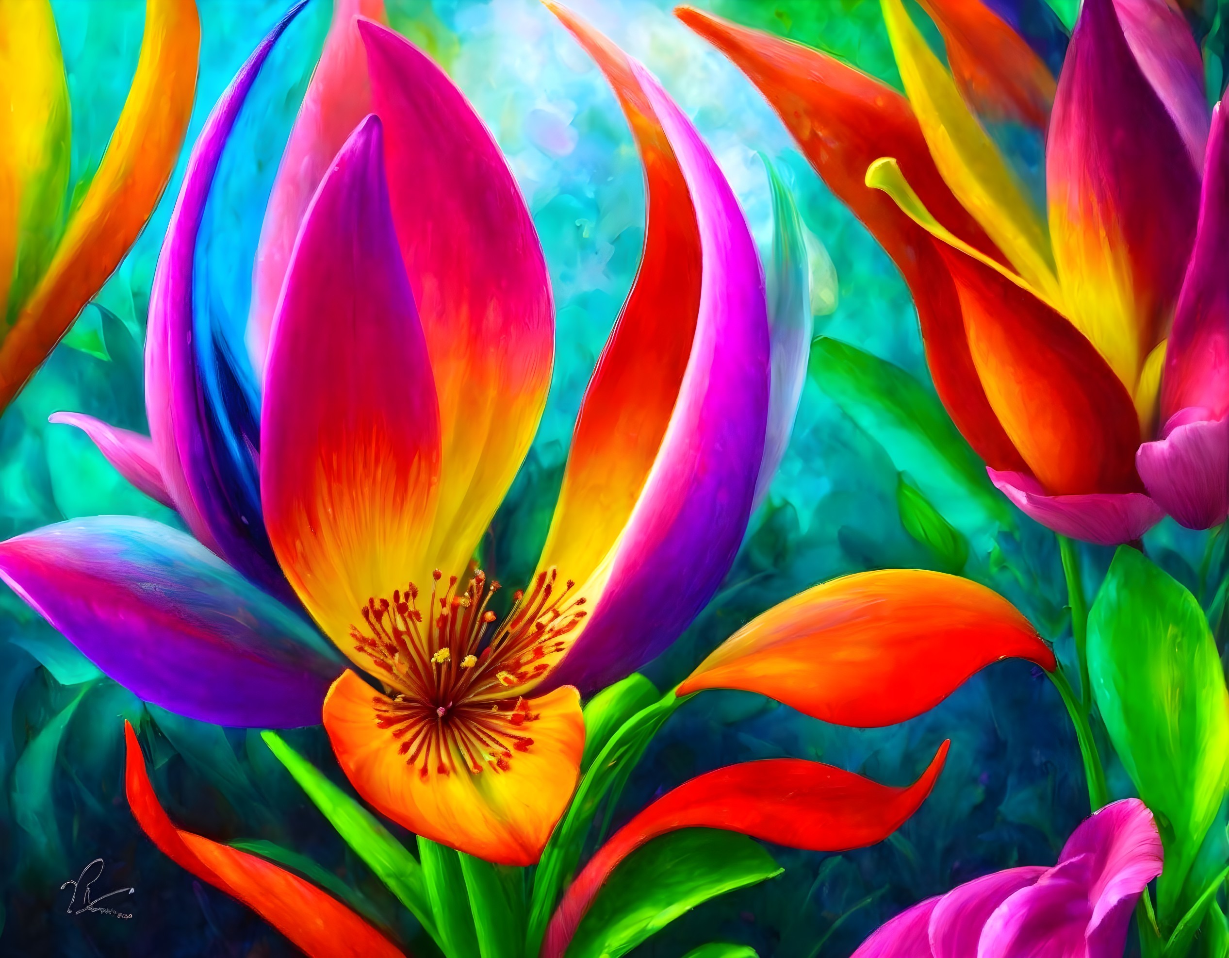 Vibrant tulips in colorful digital painting with luminous abstract background