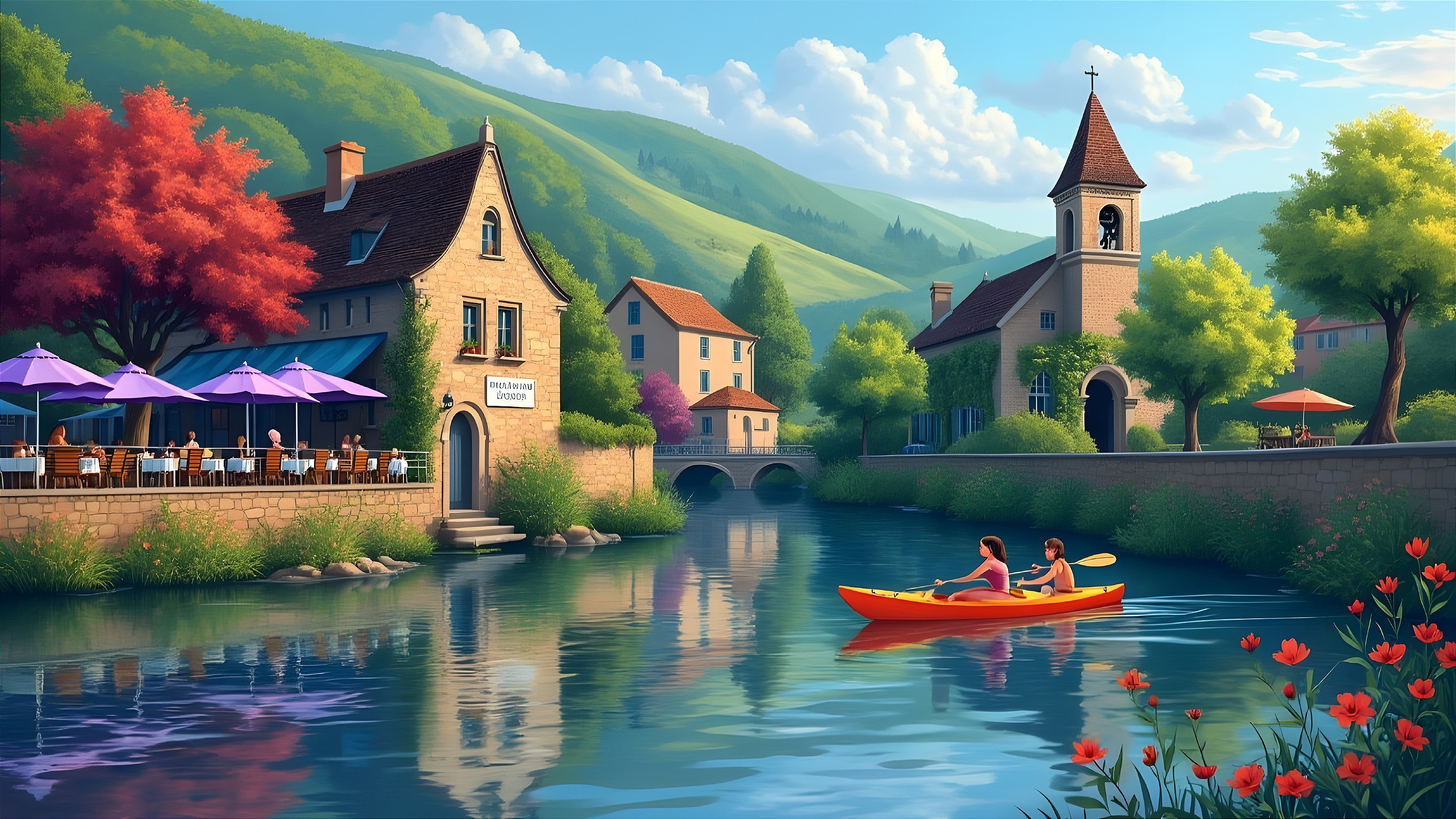 Serene Village Scene with Waterway and Charming Buildings