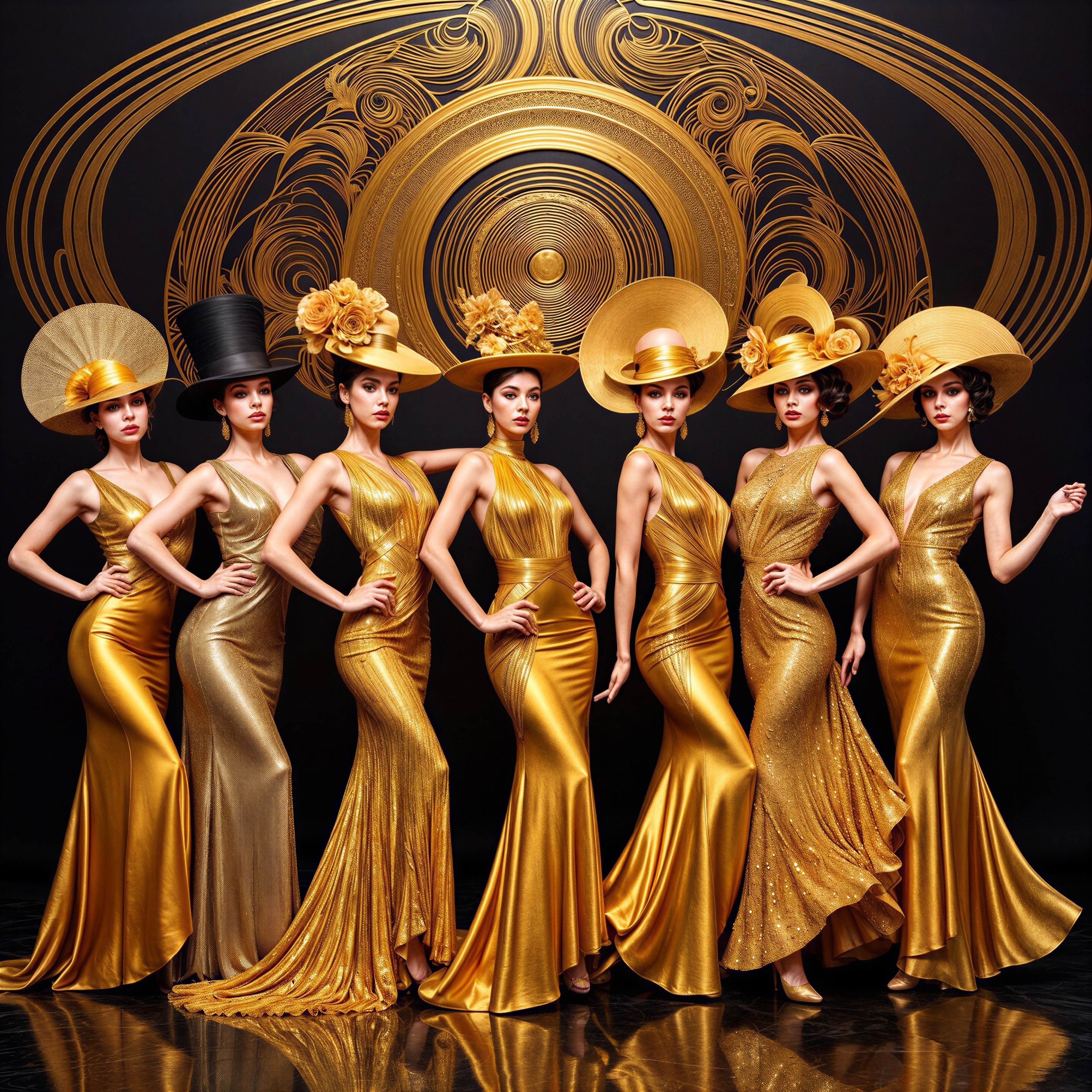 Glamorous Gold Evening Gowns with Elaborate Hats