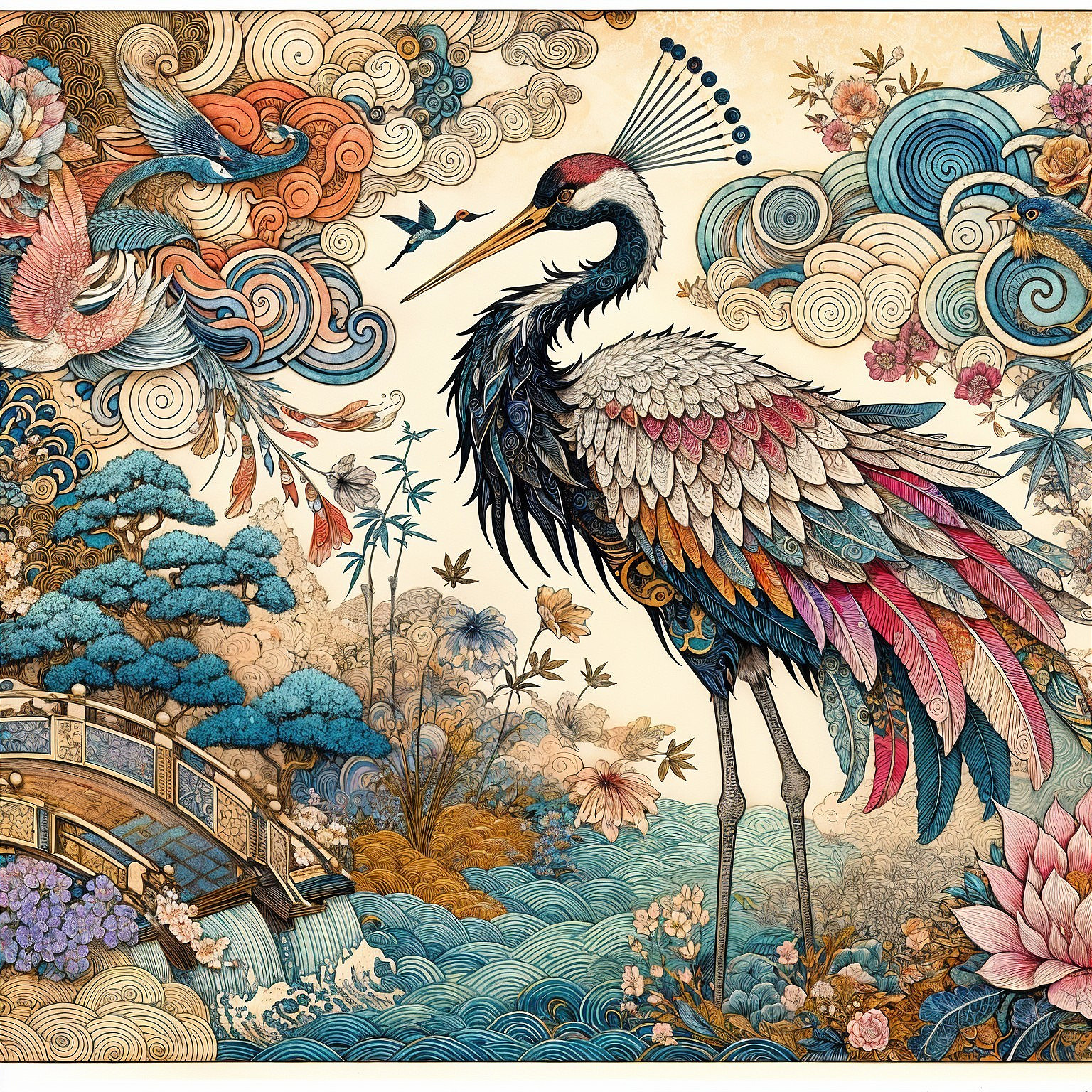 Illustration of a crane in a vibrant landscape