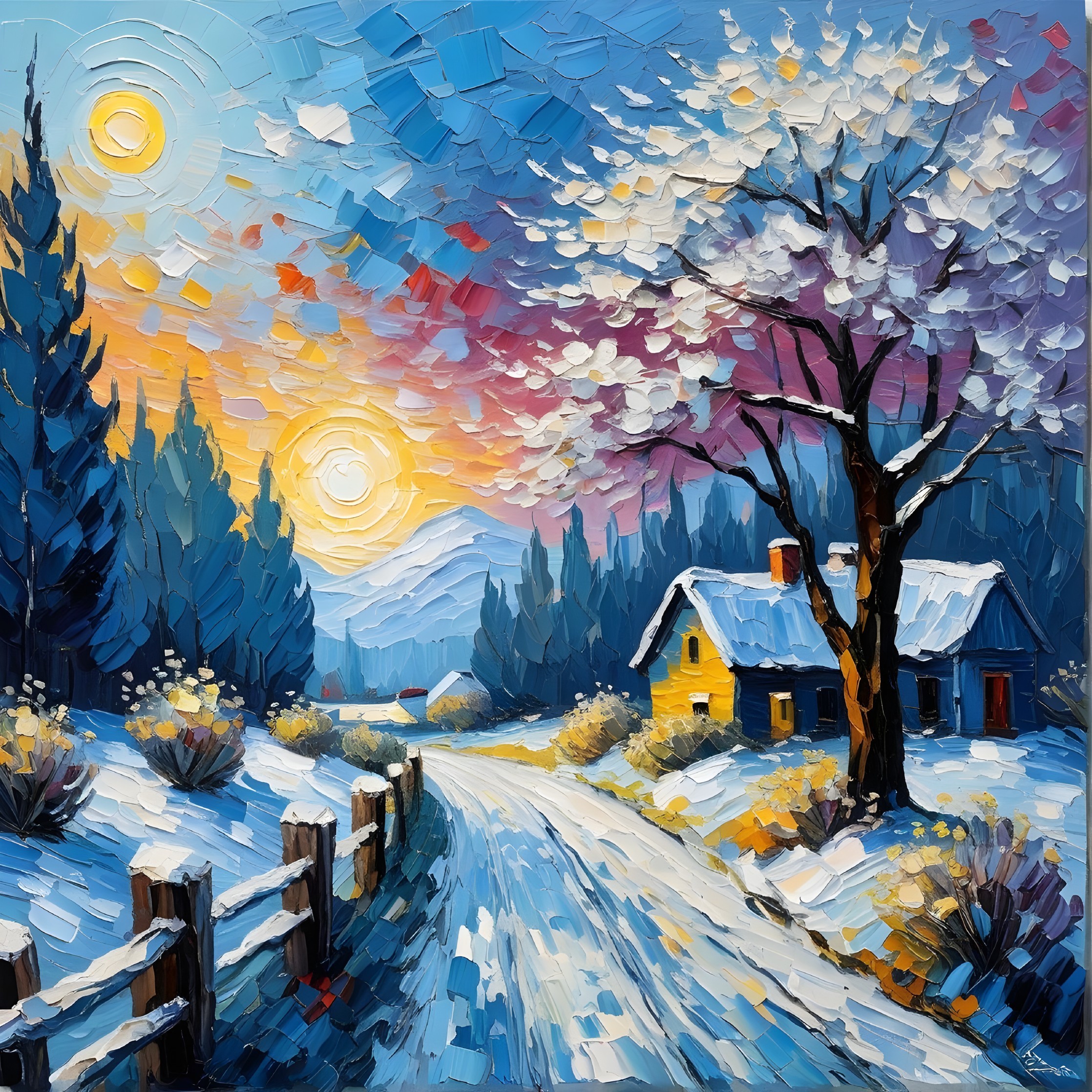 Winter Landscape with Cottage and Sunrise Colors