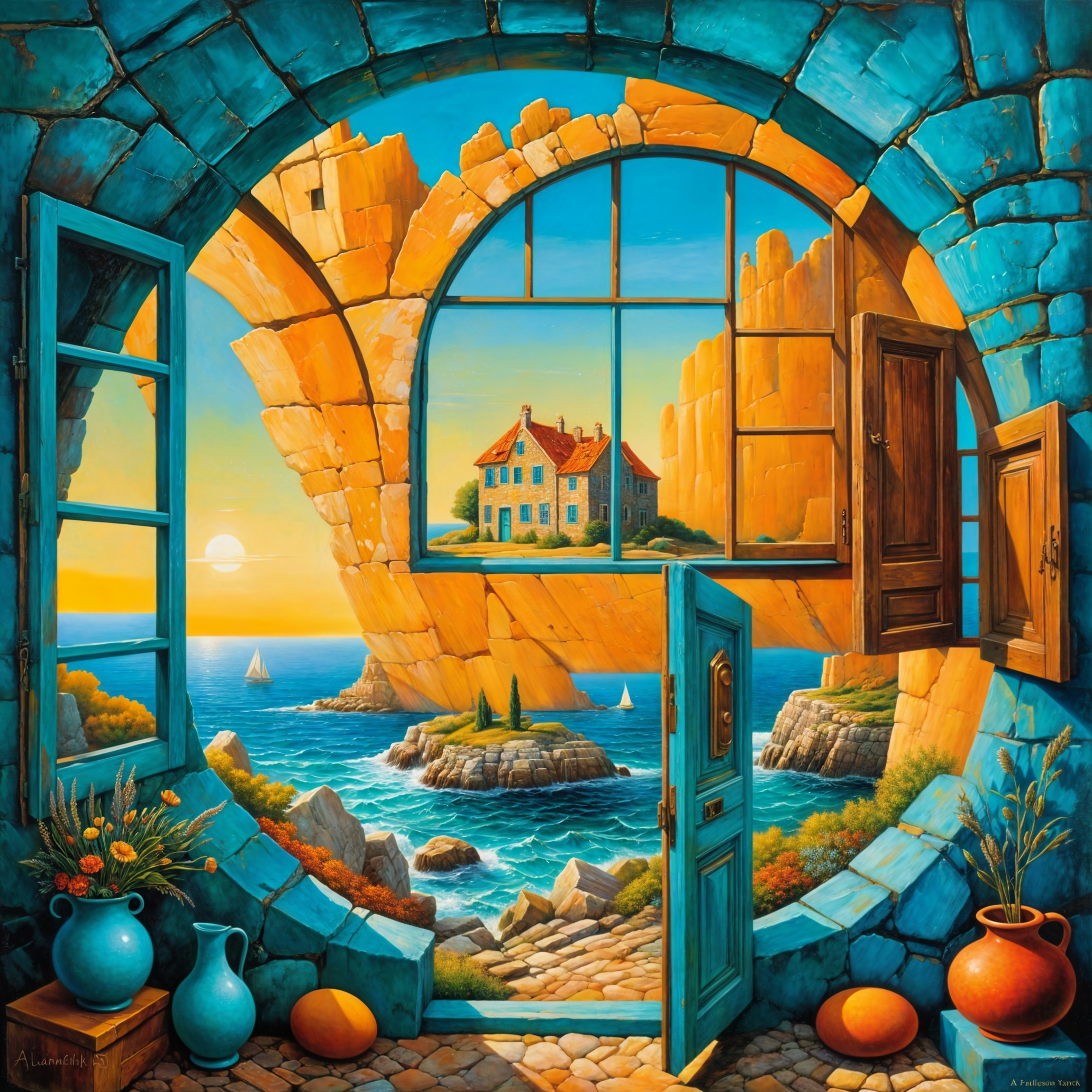 Surreal Seaside Landscape with Arched Stone Doorway