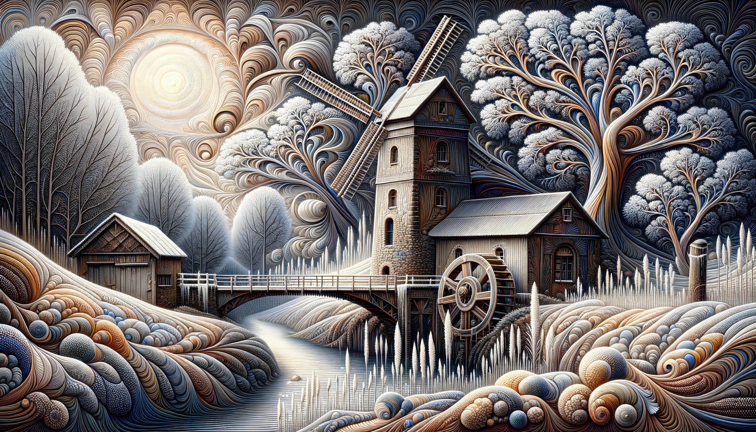 Whimsical winter landscape with watermill, bridge, and frosted trees