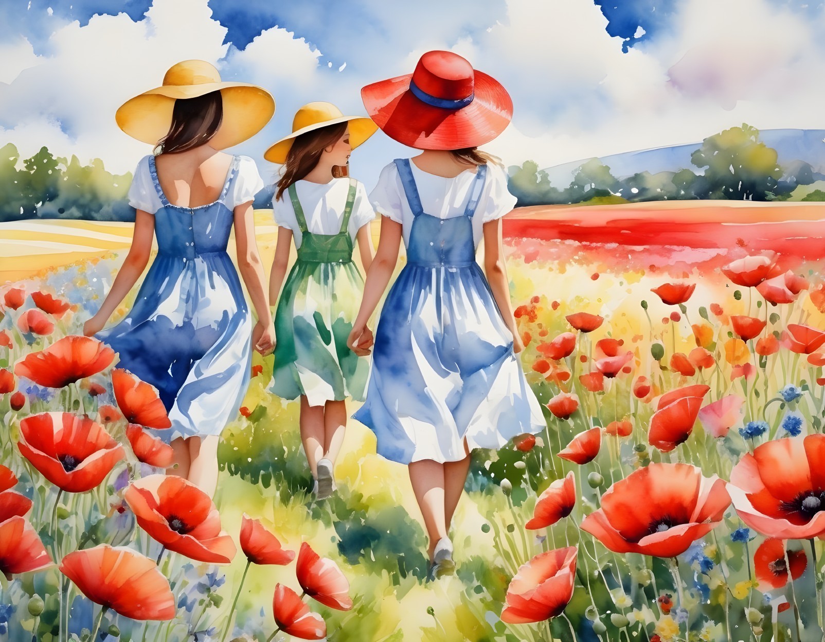 Women in Blue Dresses Walking Through Poppy Field