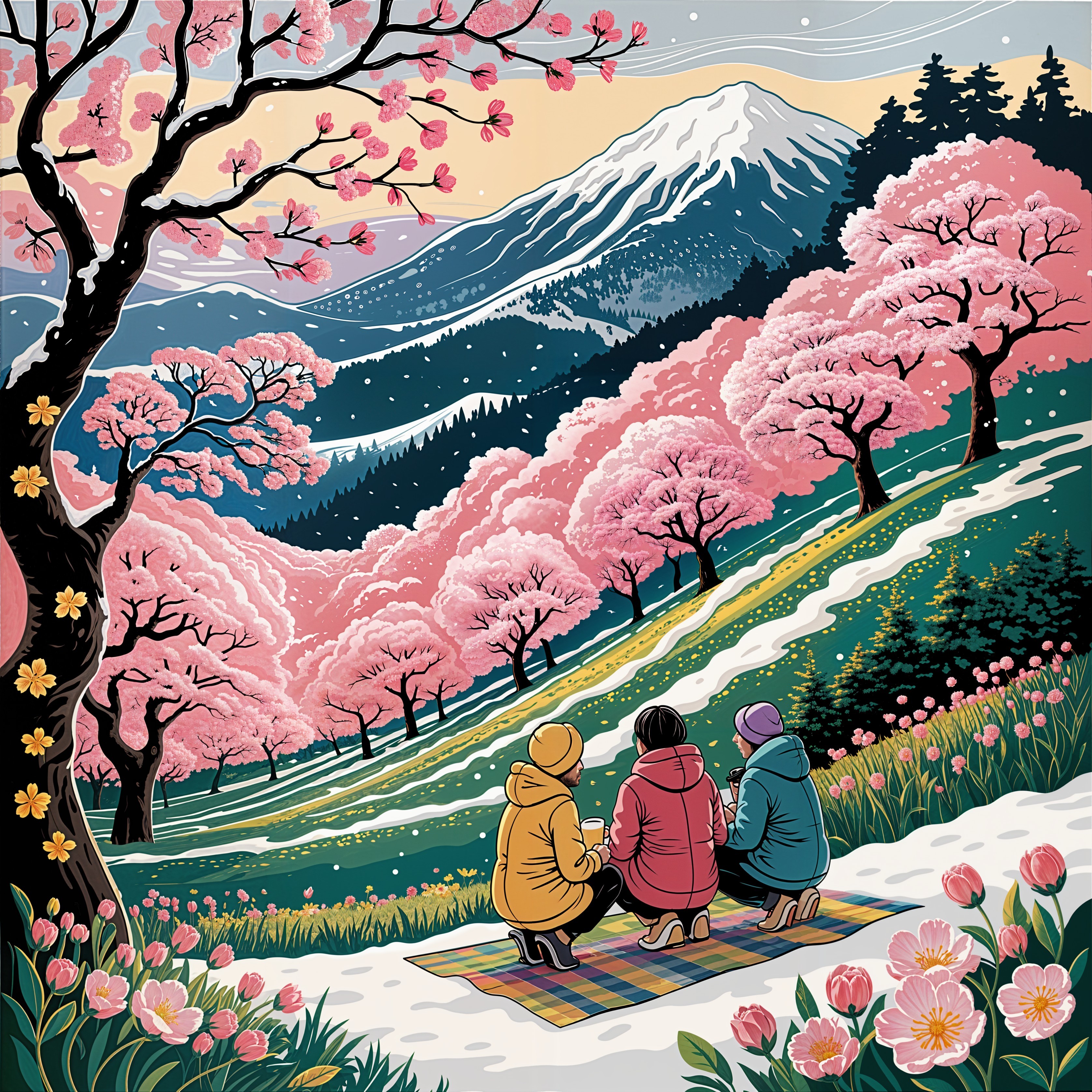 Colorful Landscape with Figures and Snow-Capped Mountains
