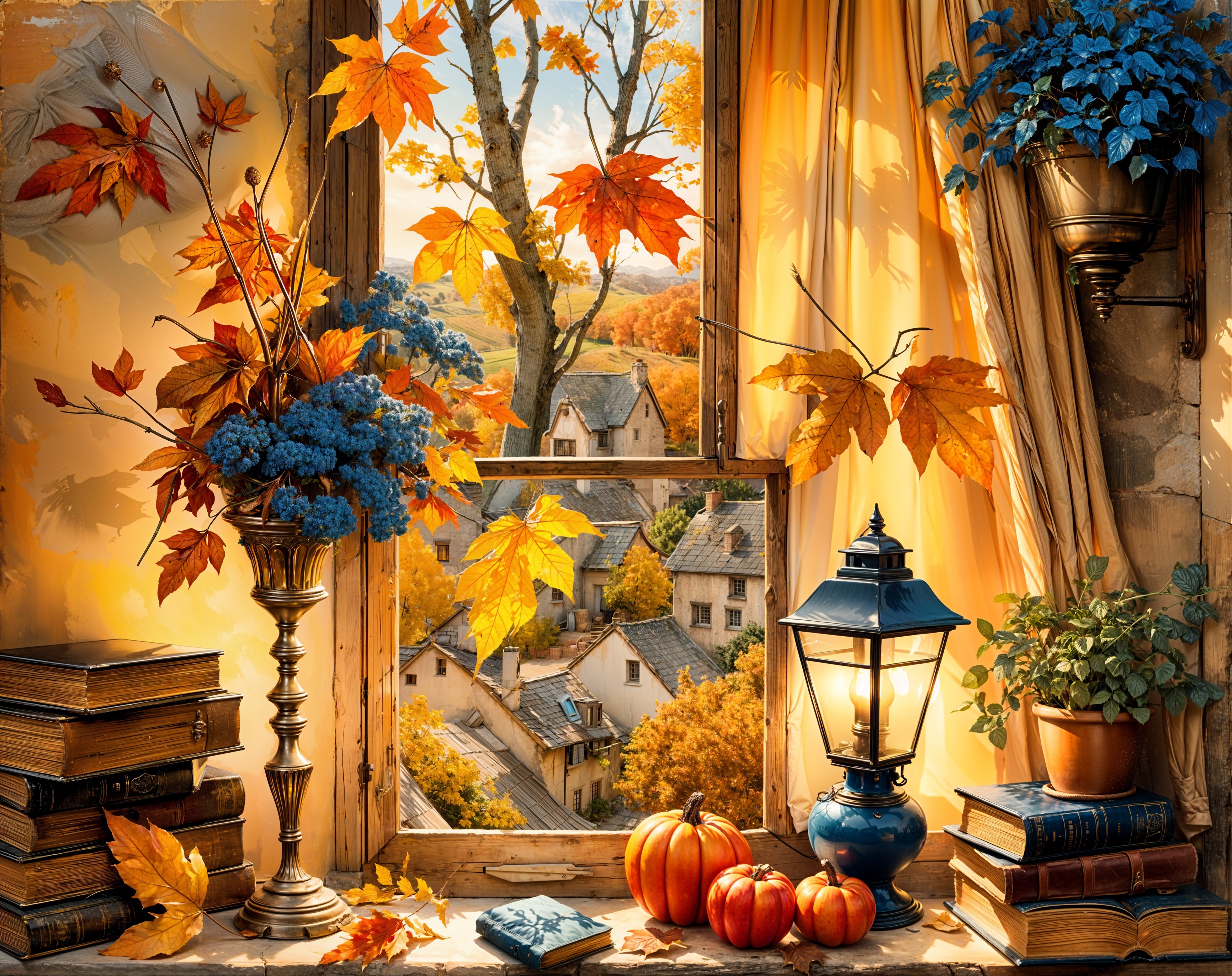 Cozy Autumn Window View with Vibrant Landscape