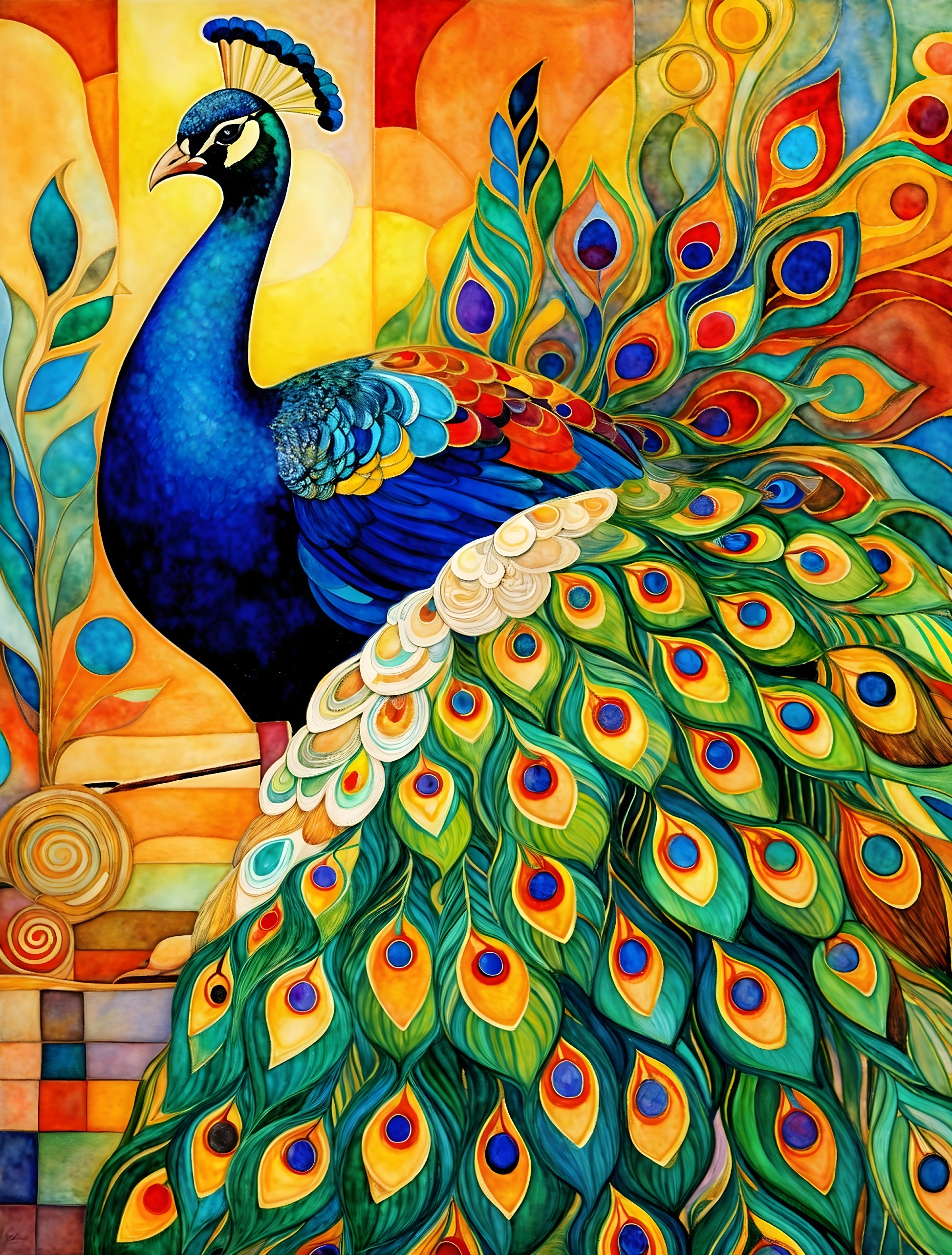 Colorful Peacock with Intricate Plumage and Background