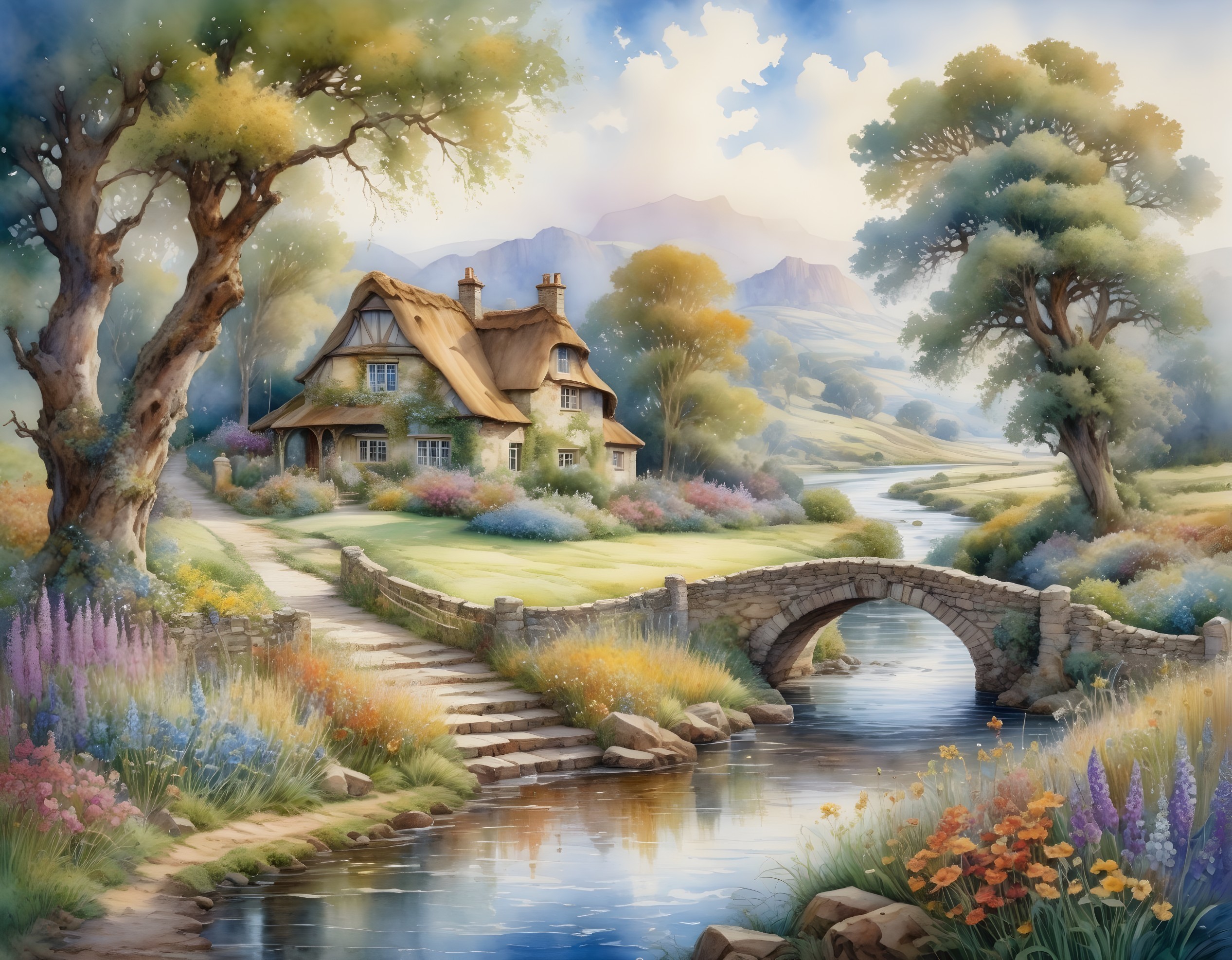 Countryside Scene with Cottage and Floral Borders