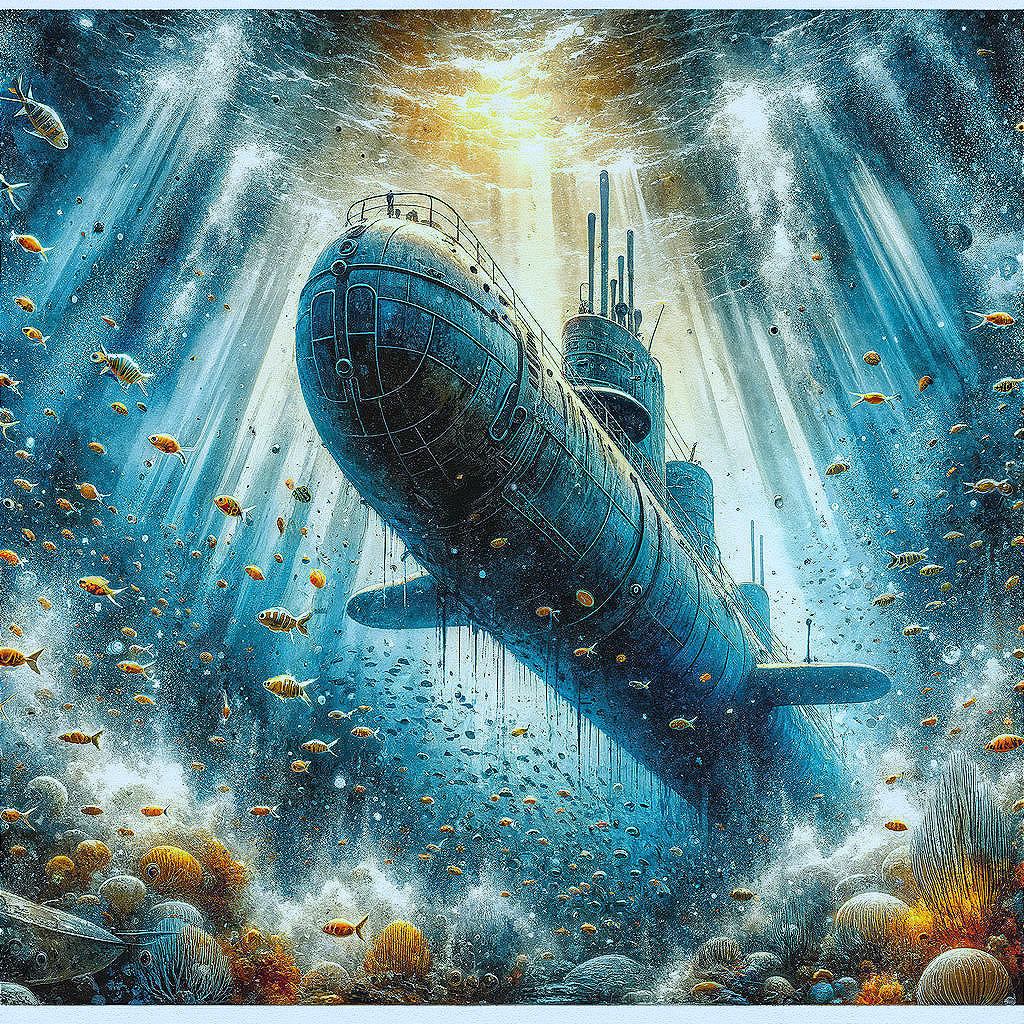 Submarine on Ocean Floor Amidst Coral Reefs and Fish