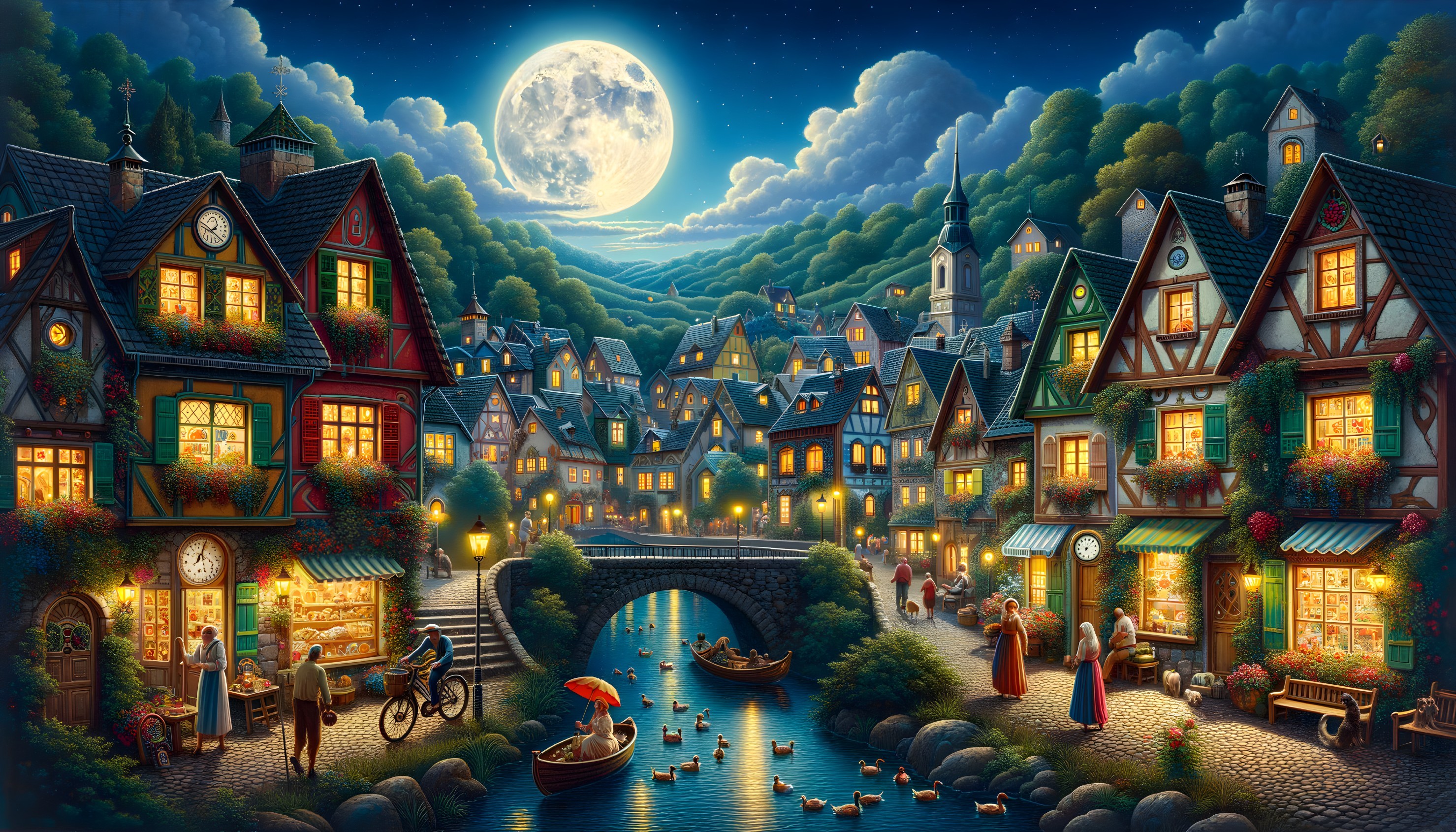 Moonlit Village with Colorful Houses and Serene River