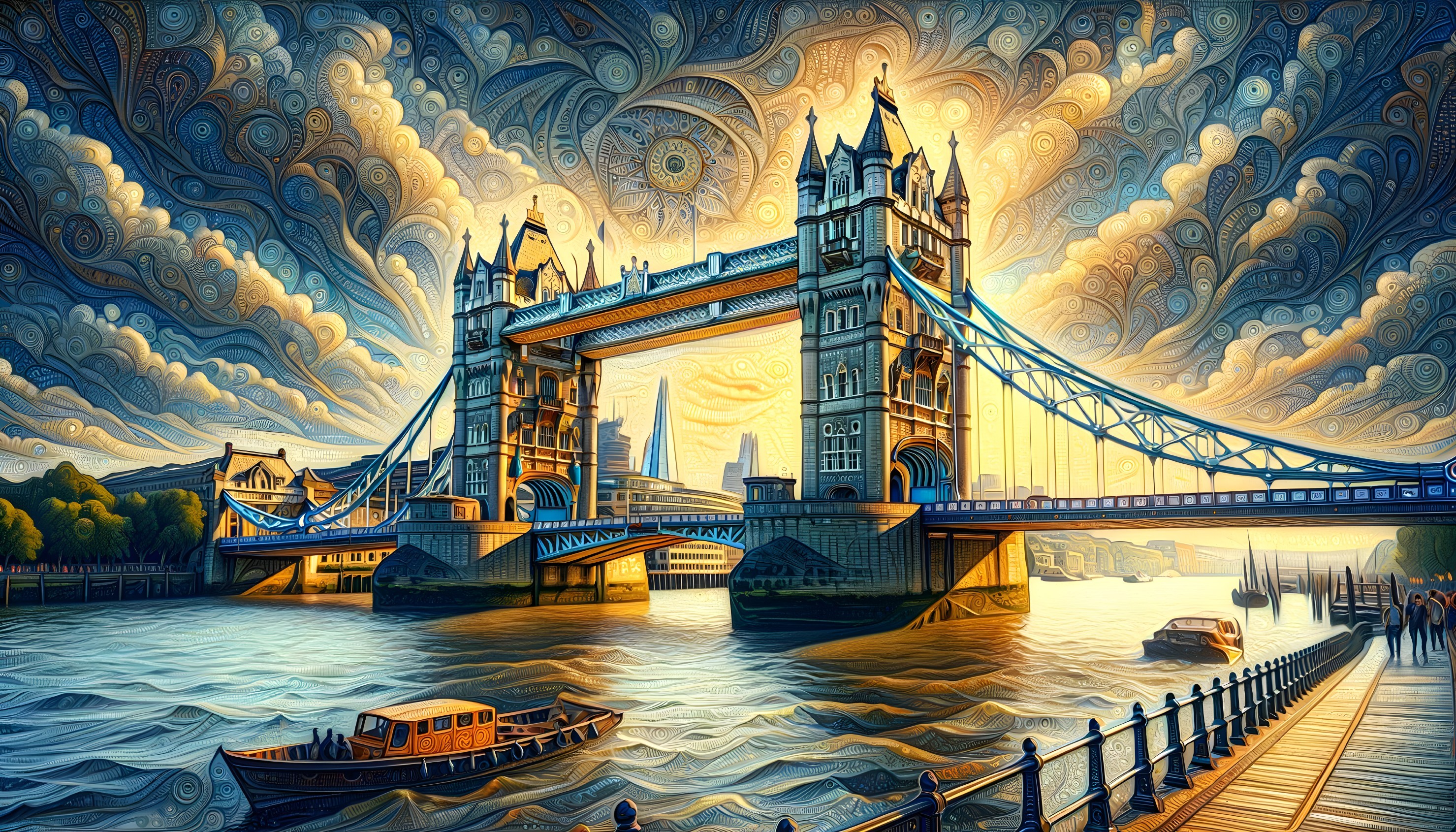 London's Tower Bridge: Vibrant sky, river boats, surreal vibe