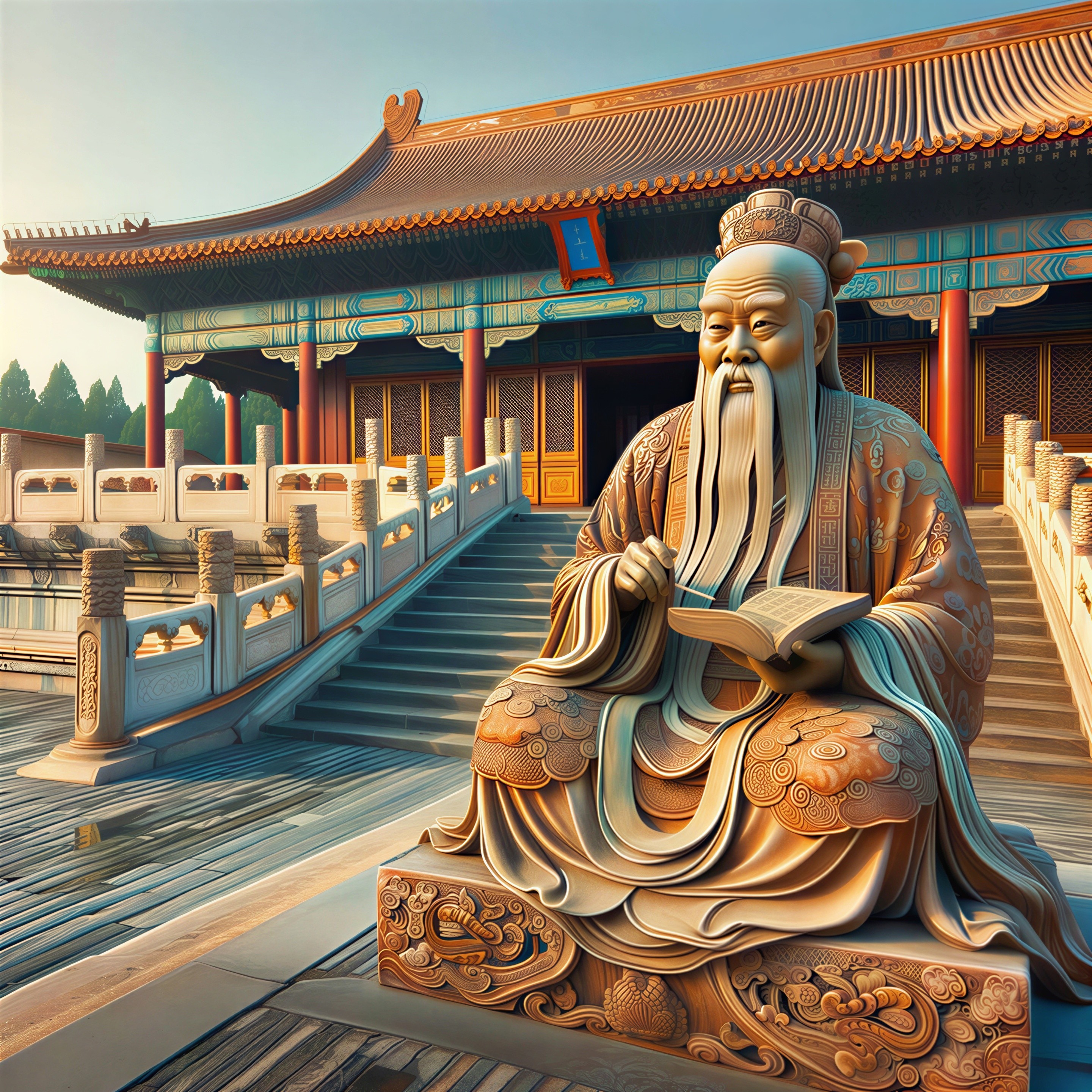 Ancient East Asian Scholar Statue Near Traditional Temple