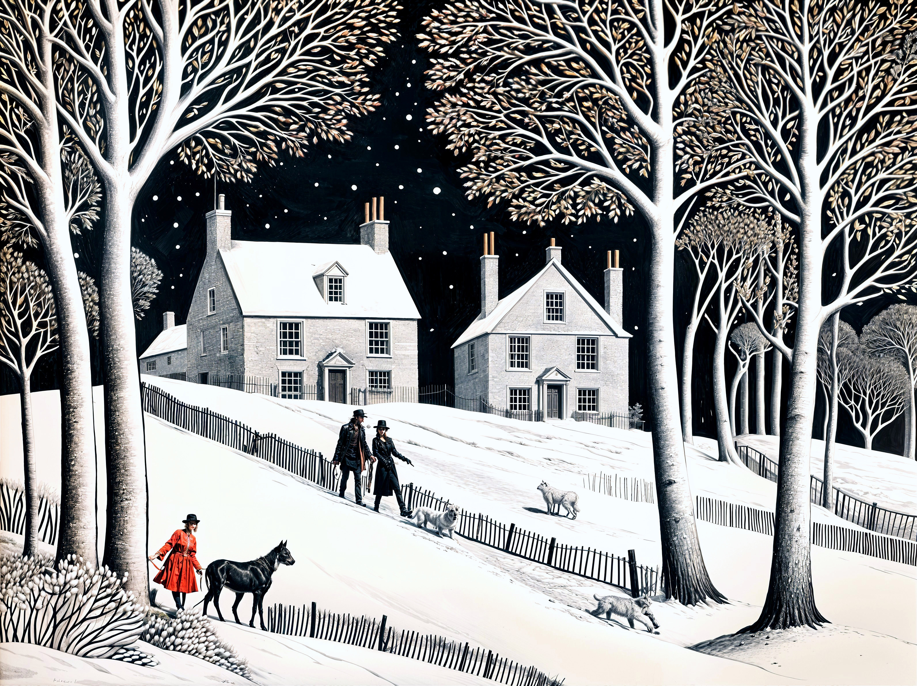 Winter Landscape with Houses and Snowy Hills