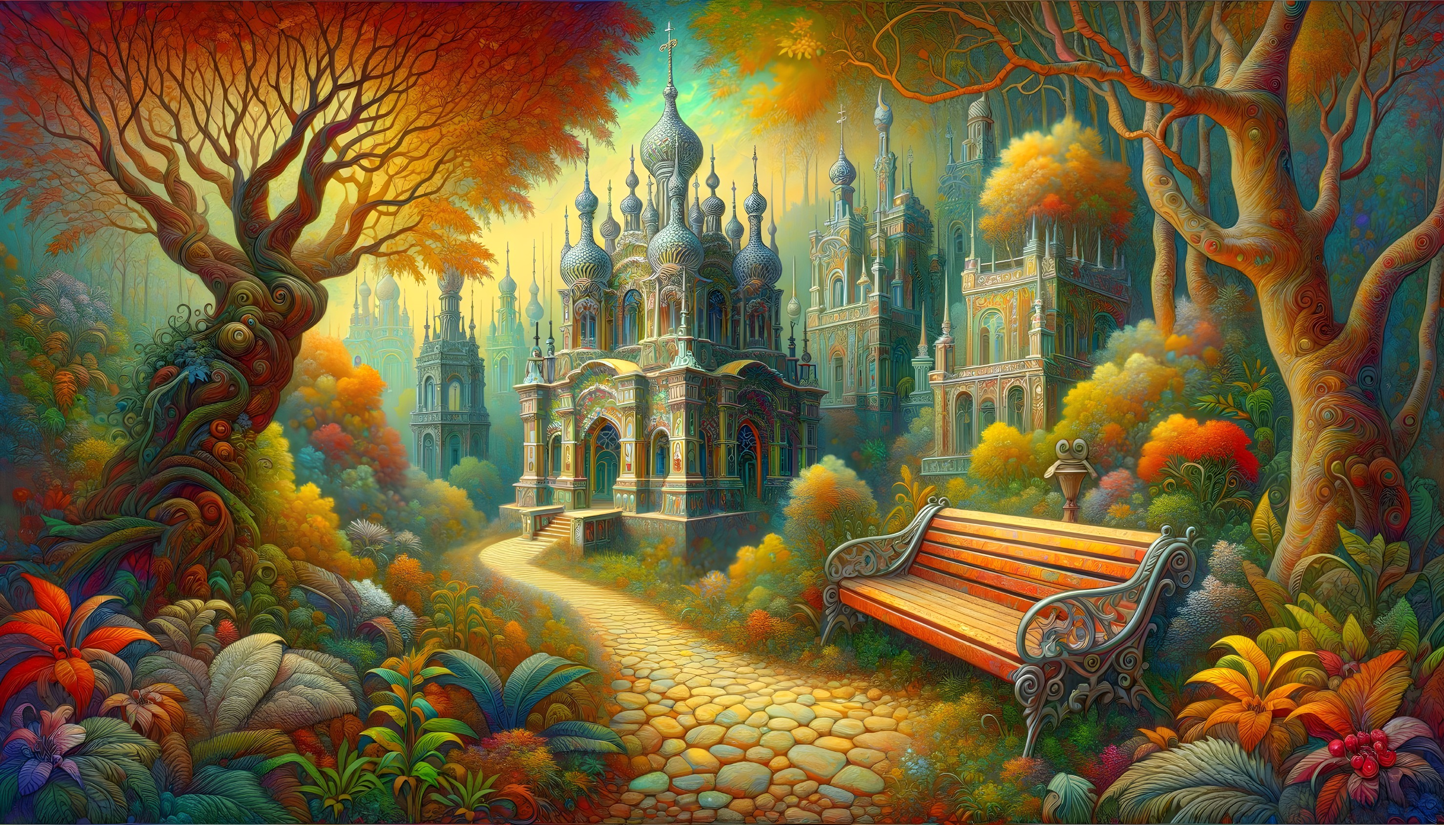 Colorful Fantasy Landscape with Ornate Castle and Trees