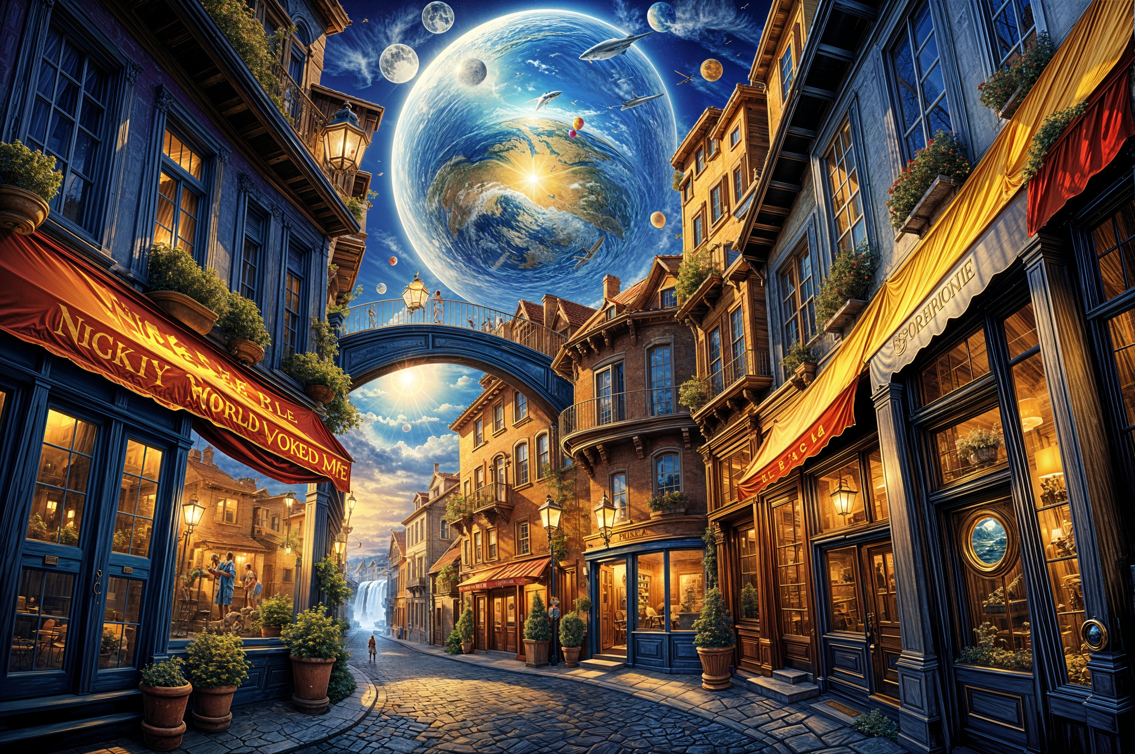 Whimsical Street Scene with Fantasy and Cosmic Elements