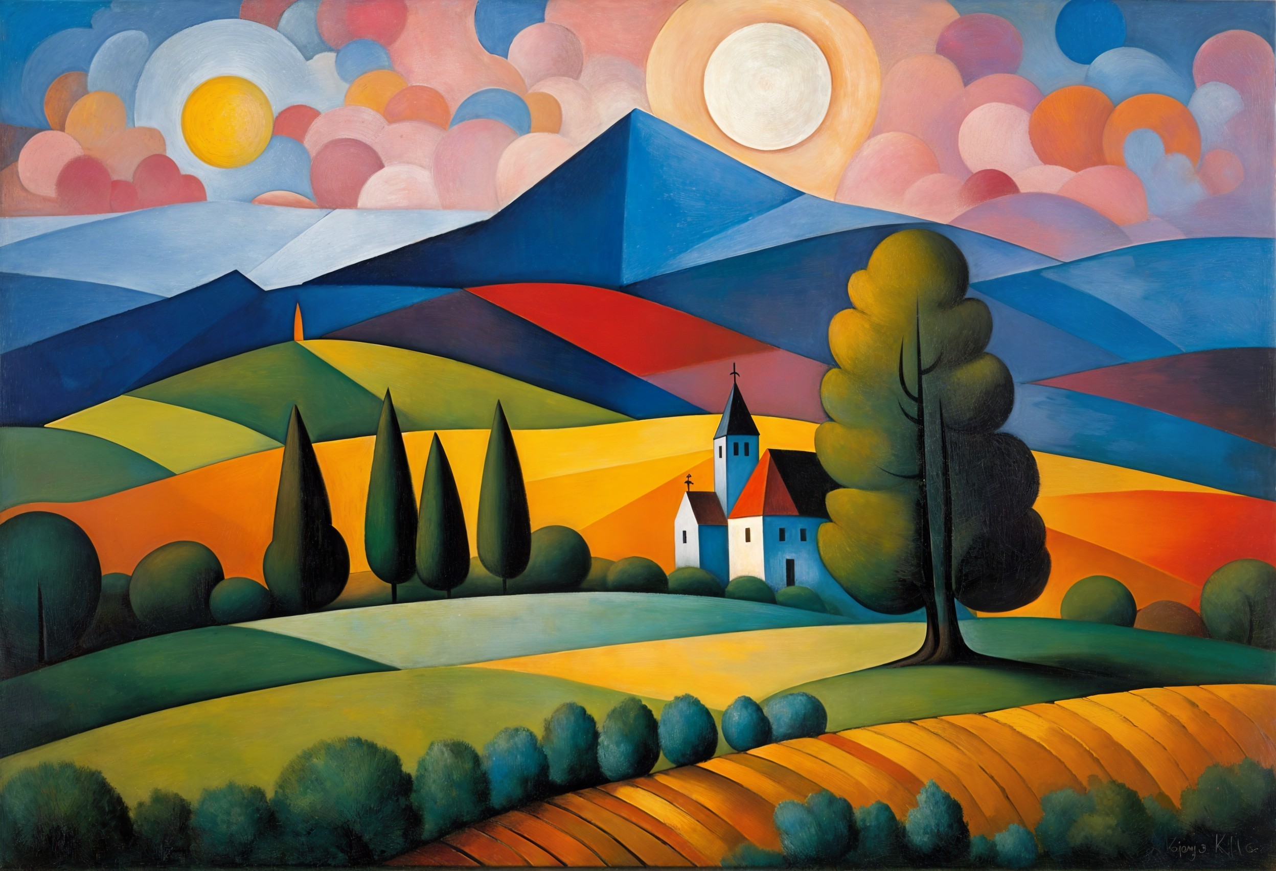 Vibrant Landscape with Hills, Church, and Mountains
