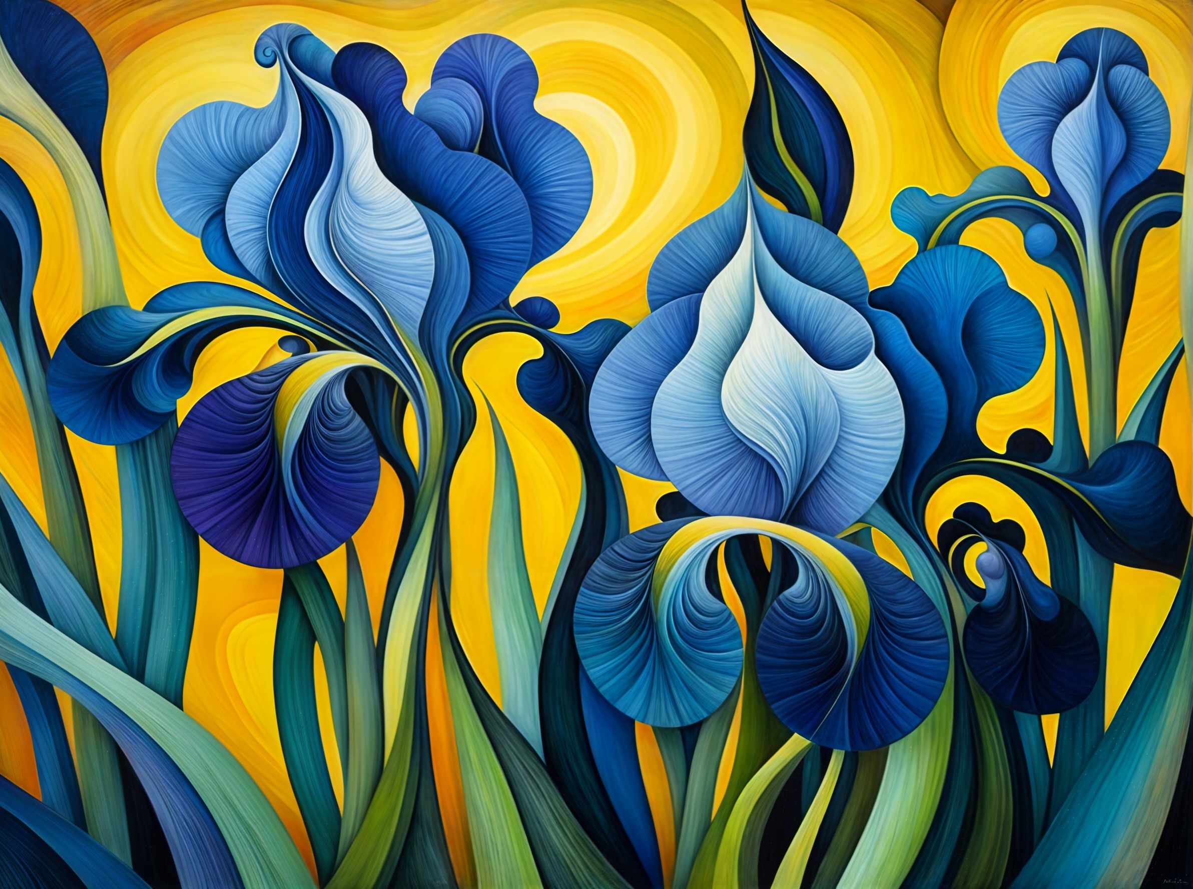 Abstract Irises in Blue and Teal on Yellow Background